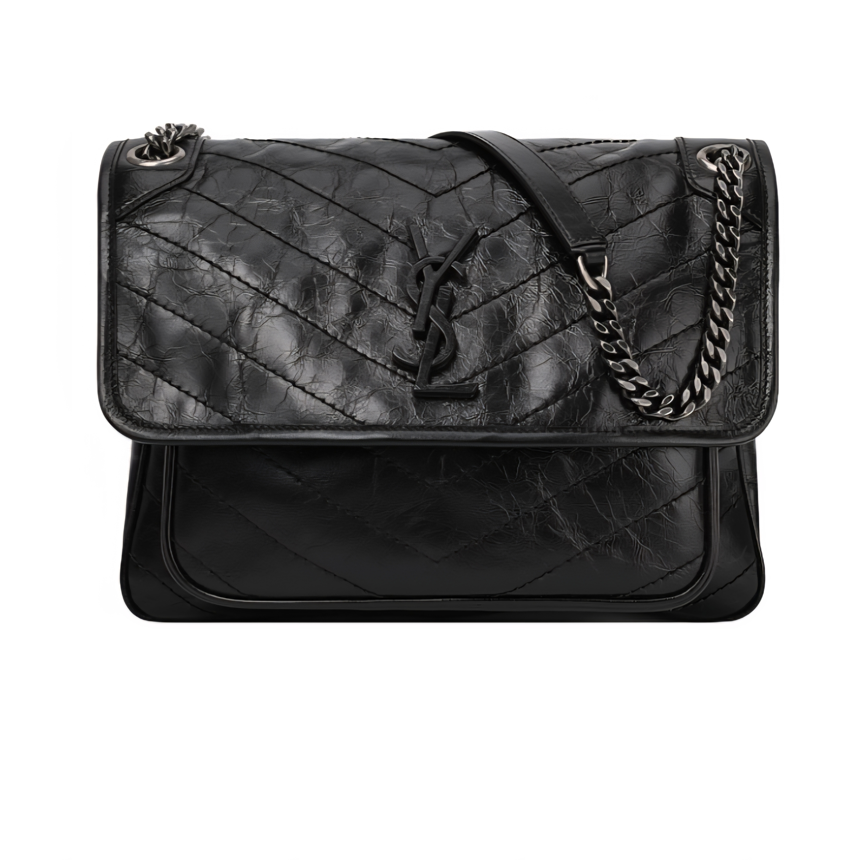 Saint Laurent Black Monogram Niki Medium Bag with Silver Chain Strap in Crinkled Vintage Leather Black 착용 스타일