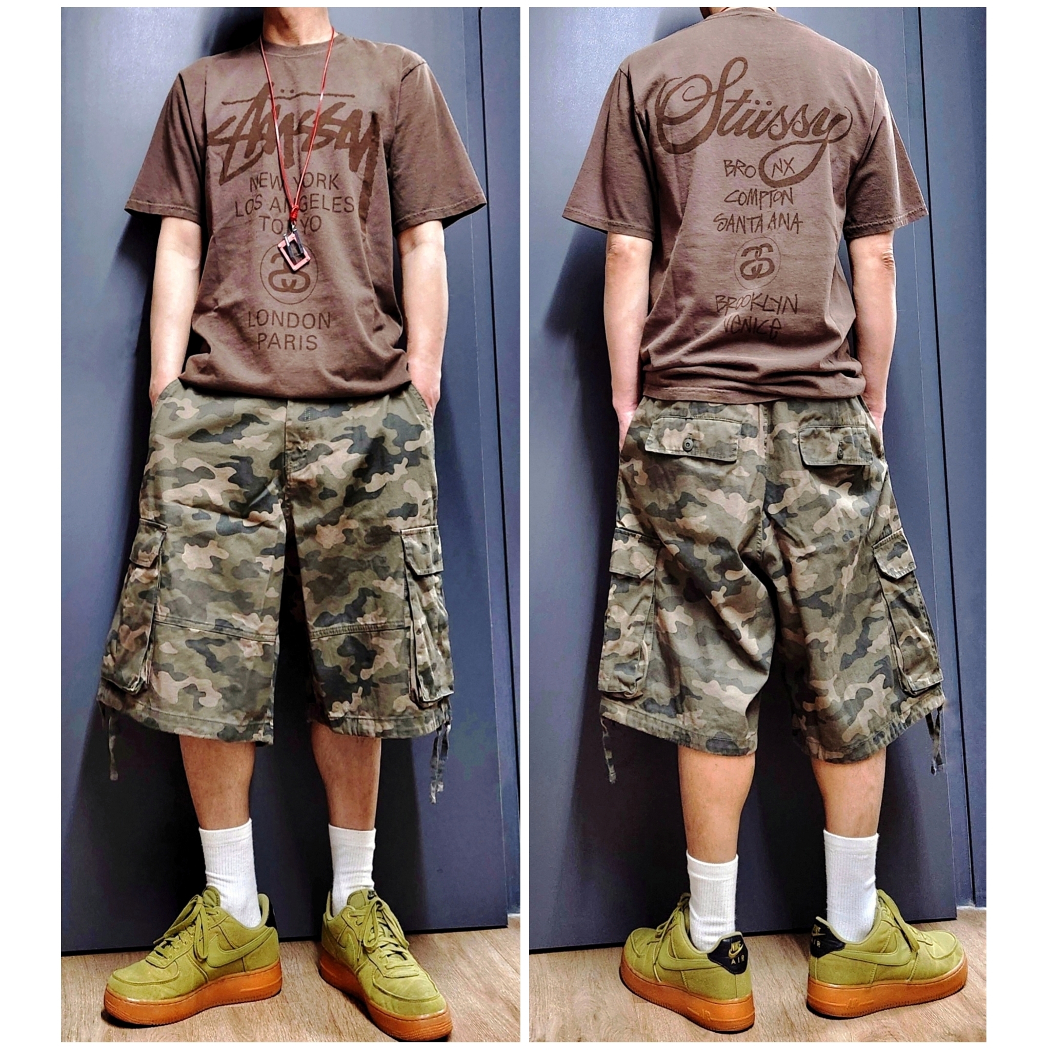 Stussy World Tour T-Shirt Sun Faded Brown, Nike Air Force 1 '07 Low Camper Green Gum 착용 스타일 - 1