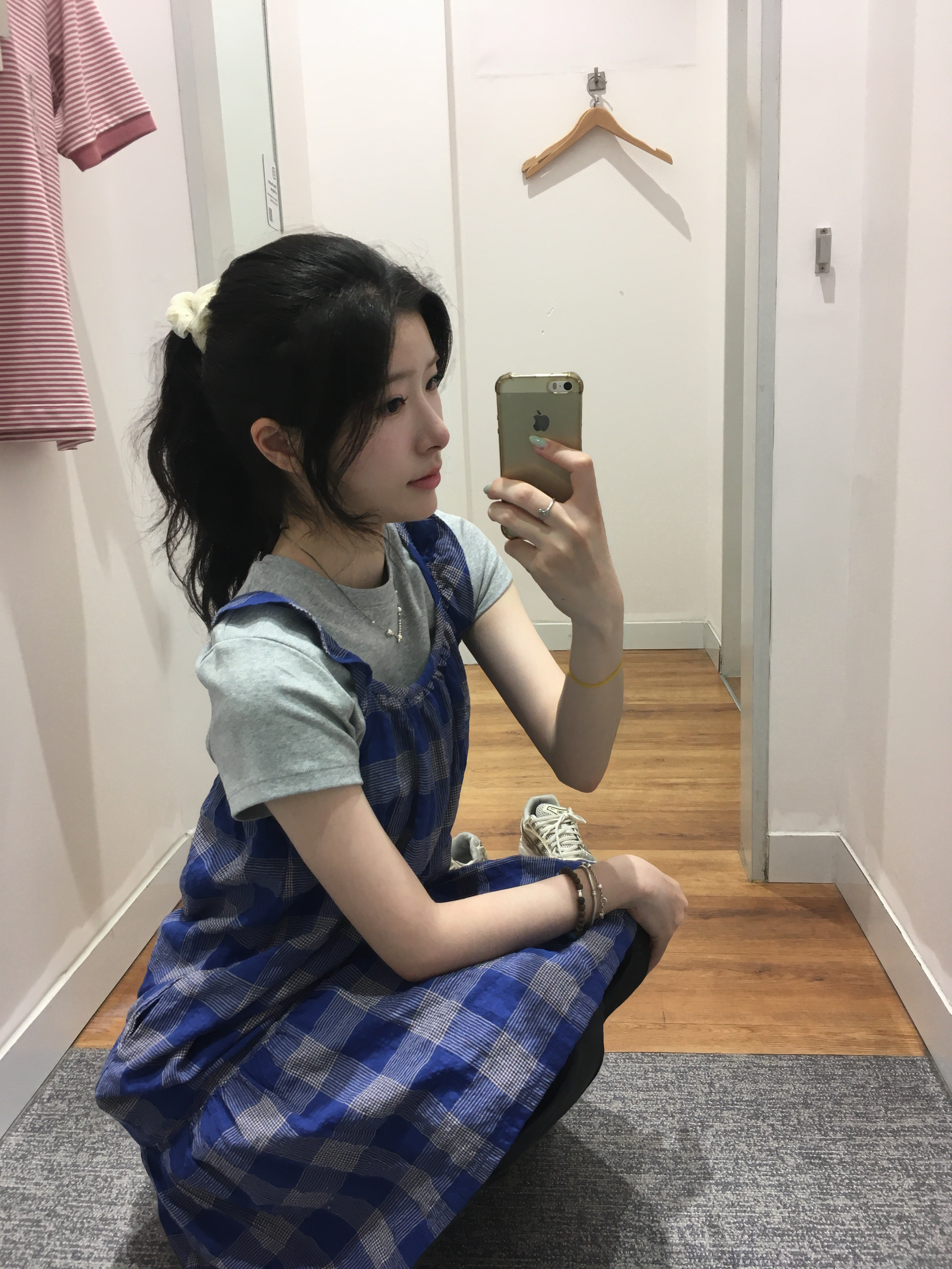 (Kids) Uniqlo Check Camisole Dress Blue 착용 스타일