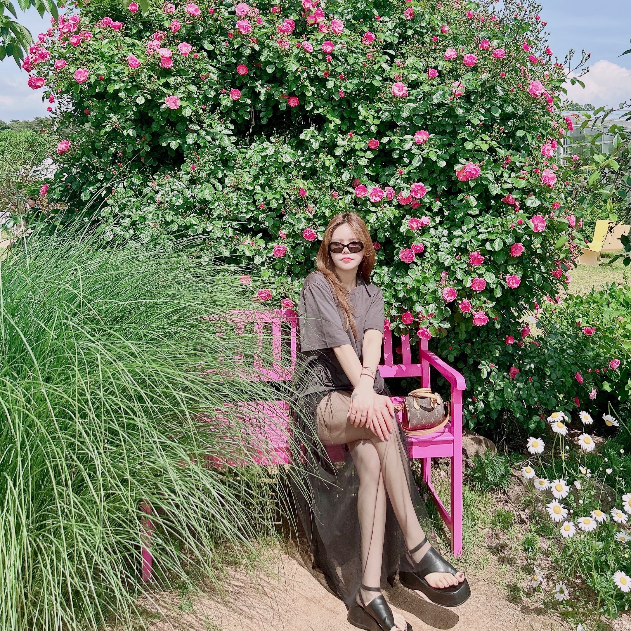 (W) Celine Triomphe 01 Sunglasses in Acetate Black, Louis Vuitton Nano Speedy Monogram 착용 스타일