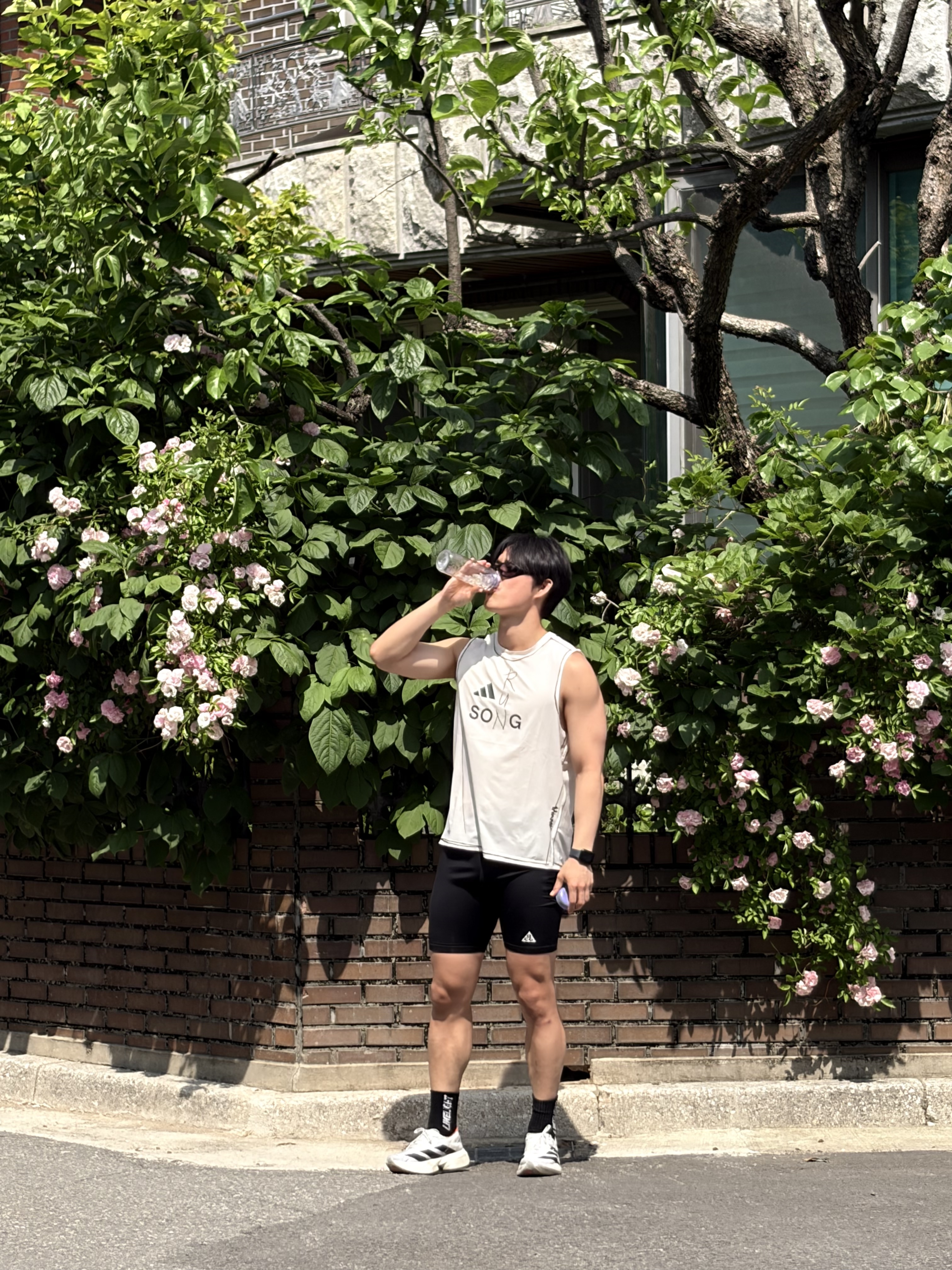 Adidas x Song for the Mute Adi365 Running Tank Chalk White - KR Sizing, Oakley Eye Jacket Redux Matte Black Frame Prizm Grey Lenses High Bridge Fit 착용 스타일