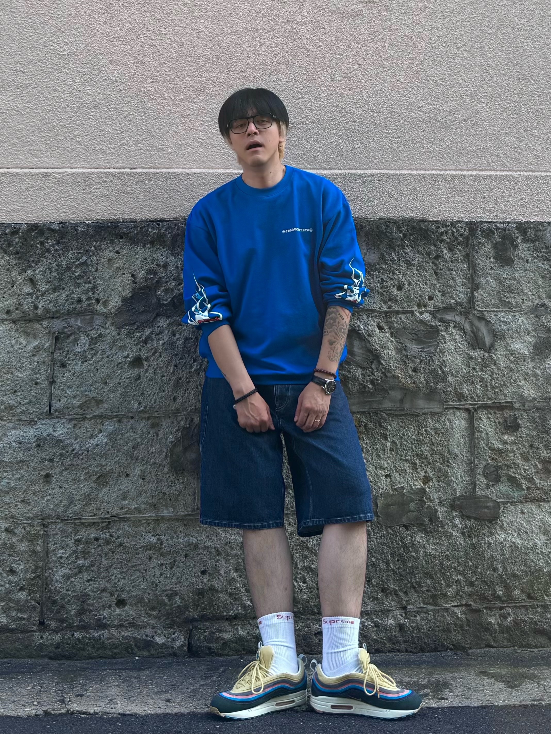 Chrome Hearts Matty Boy Space Crewneck Sweatshirt Blue, Supreme x Nike Denim Short Indigo - 24SS 착용 스타일 - 2