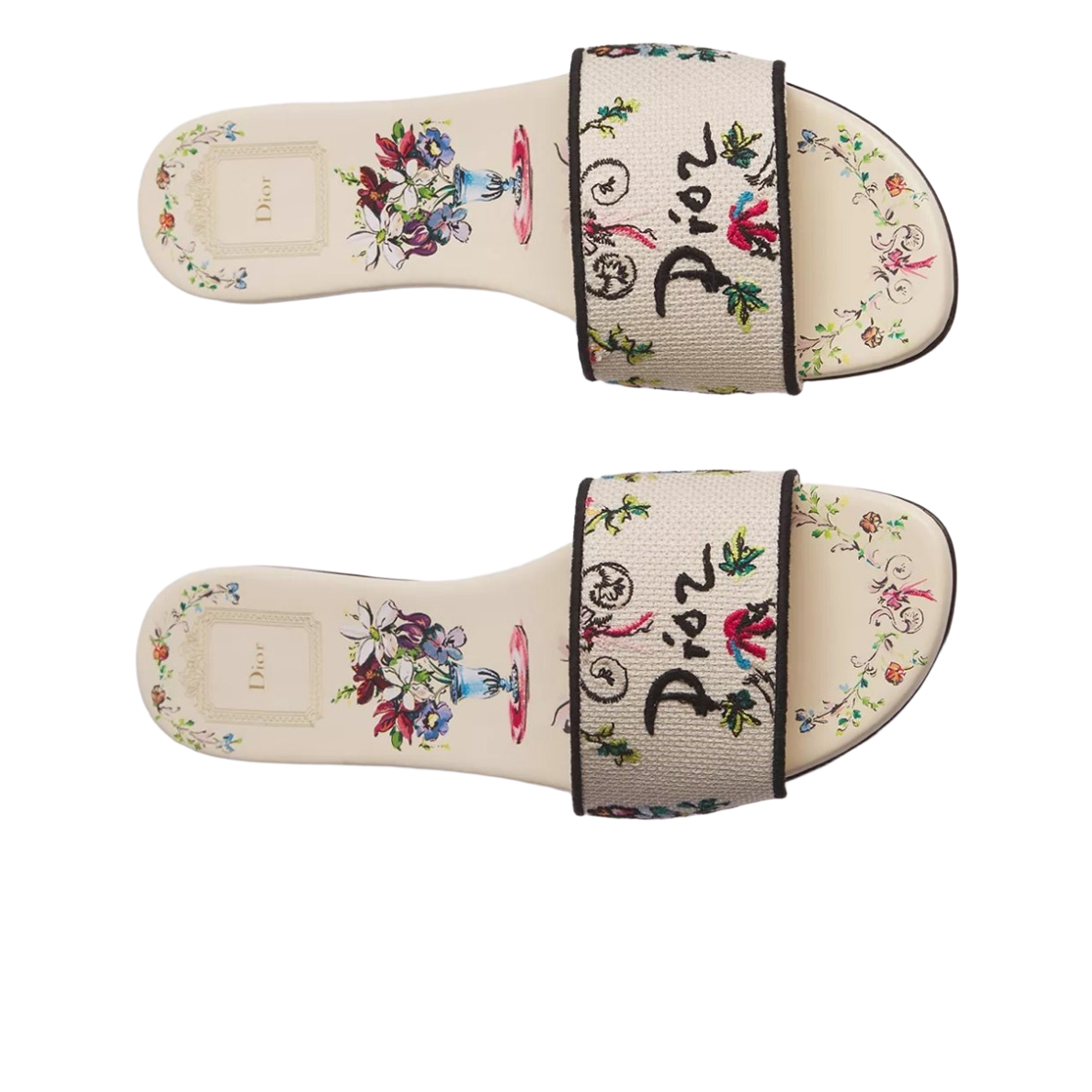 (W) 디올 자수 코튼 아라베스크 모티프 디올리비에라 디웨이 슬라이드 화이트 멀티컬러((W) Dior Embroidered Cotton Arabesque Motif Dioriviera Dway Slide White Multicolor) - 2