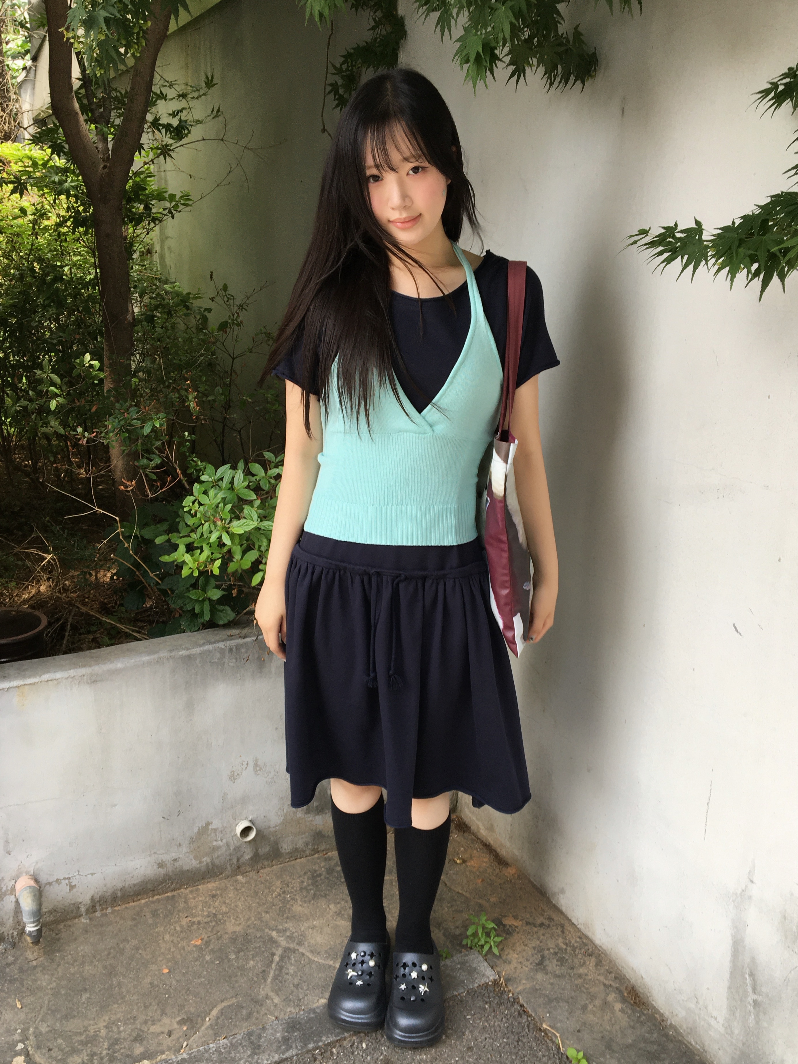 COYSEIO 038 Shirring Over One Piece Navy 착용 스타일