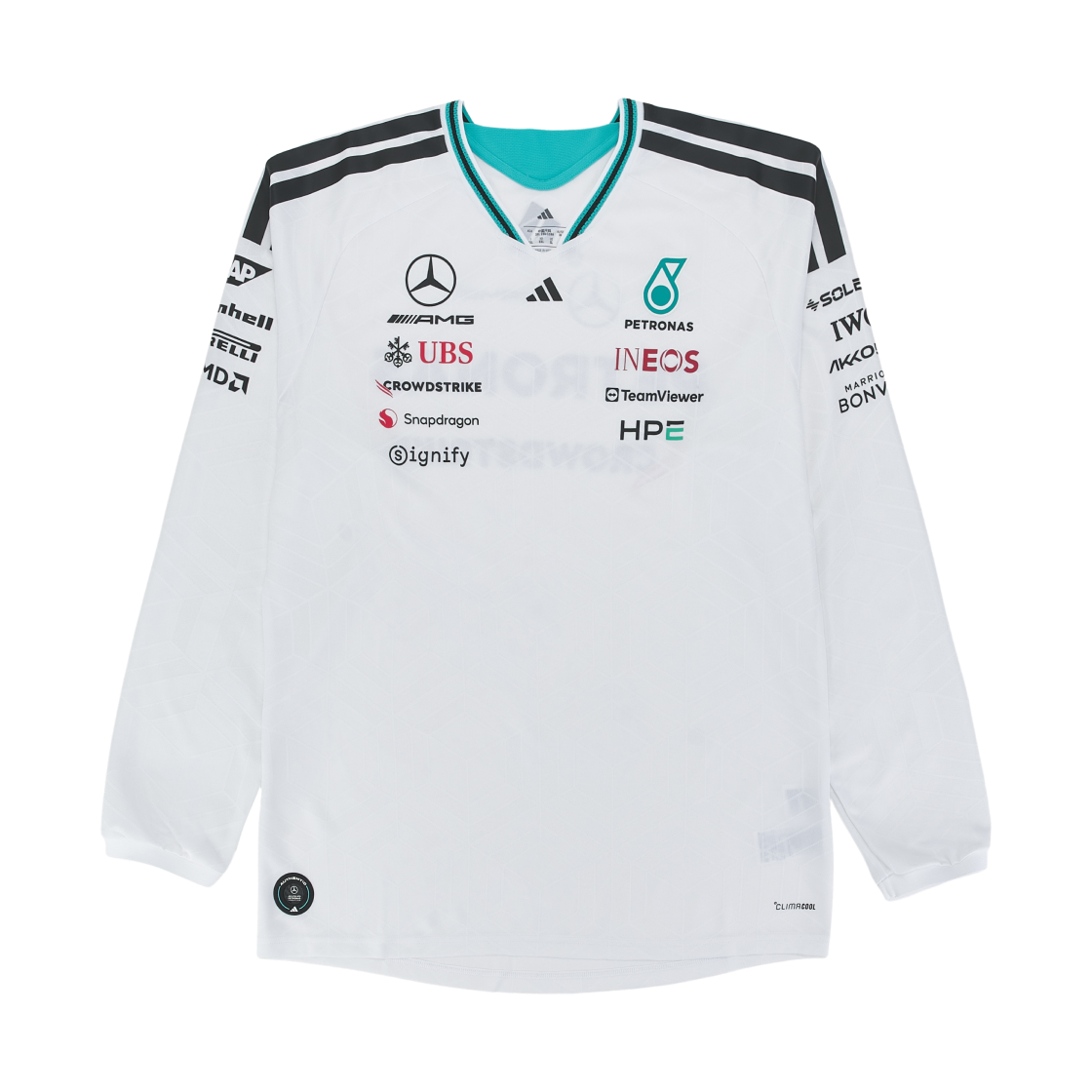 아디다스 x 메르세데스 AMG 페트로나스 F1 팀 드라이버 저지 어센틱 롱슬리브 화이트 - US 사이즈 (논 마킹 버전)(Adidas x Mercedes AMG Petronas F1 Team Driver Jersey Authentic Long Sleeve White - US Sizing (Non Marking Ver.)) - 1