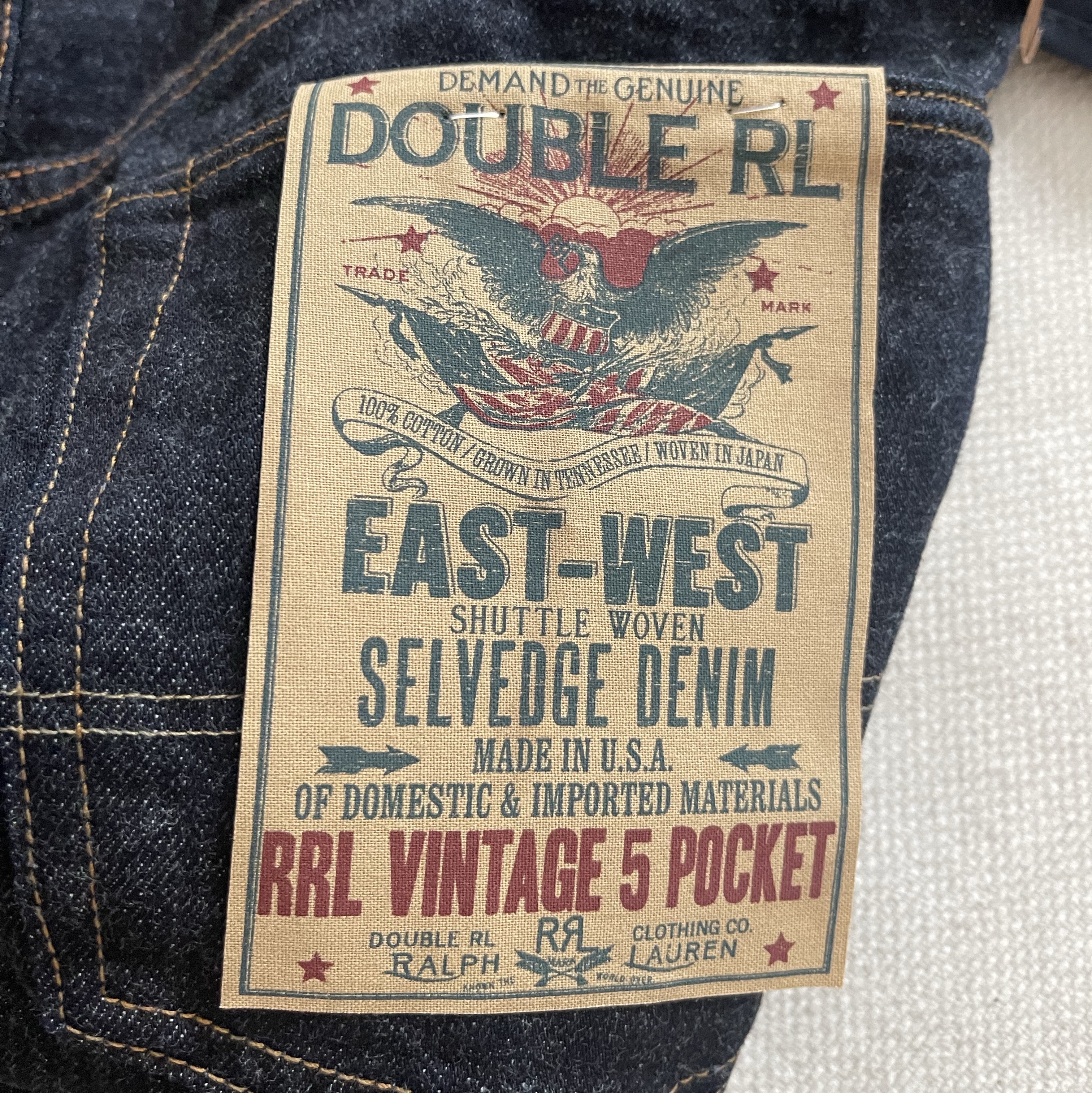 Double RL Vintage 5 Pocket East West Selvedge Jeans East West Rinse, Double RL Leather Jacket Black Over Brown 착용 스타일 - 3