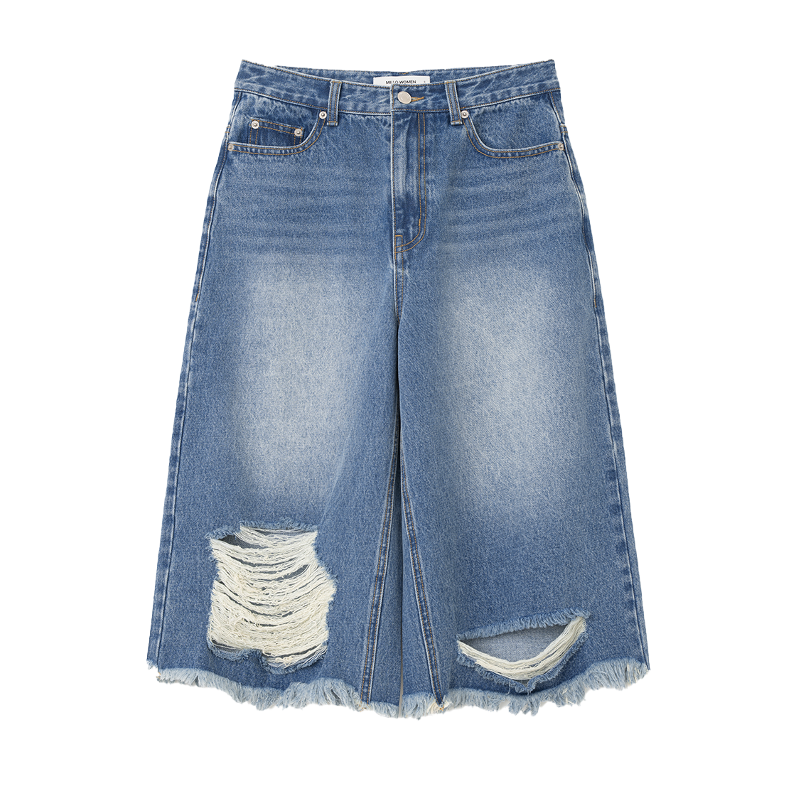 밀로 우먼 디스트레스드 데님 버뮤다 팬츠 미드 블루(MILLO WOMEN Distressed Denim Bermuda Pants Mid Blue)