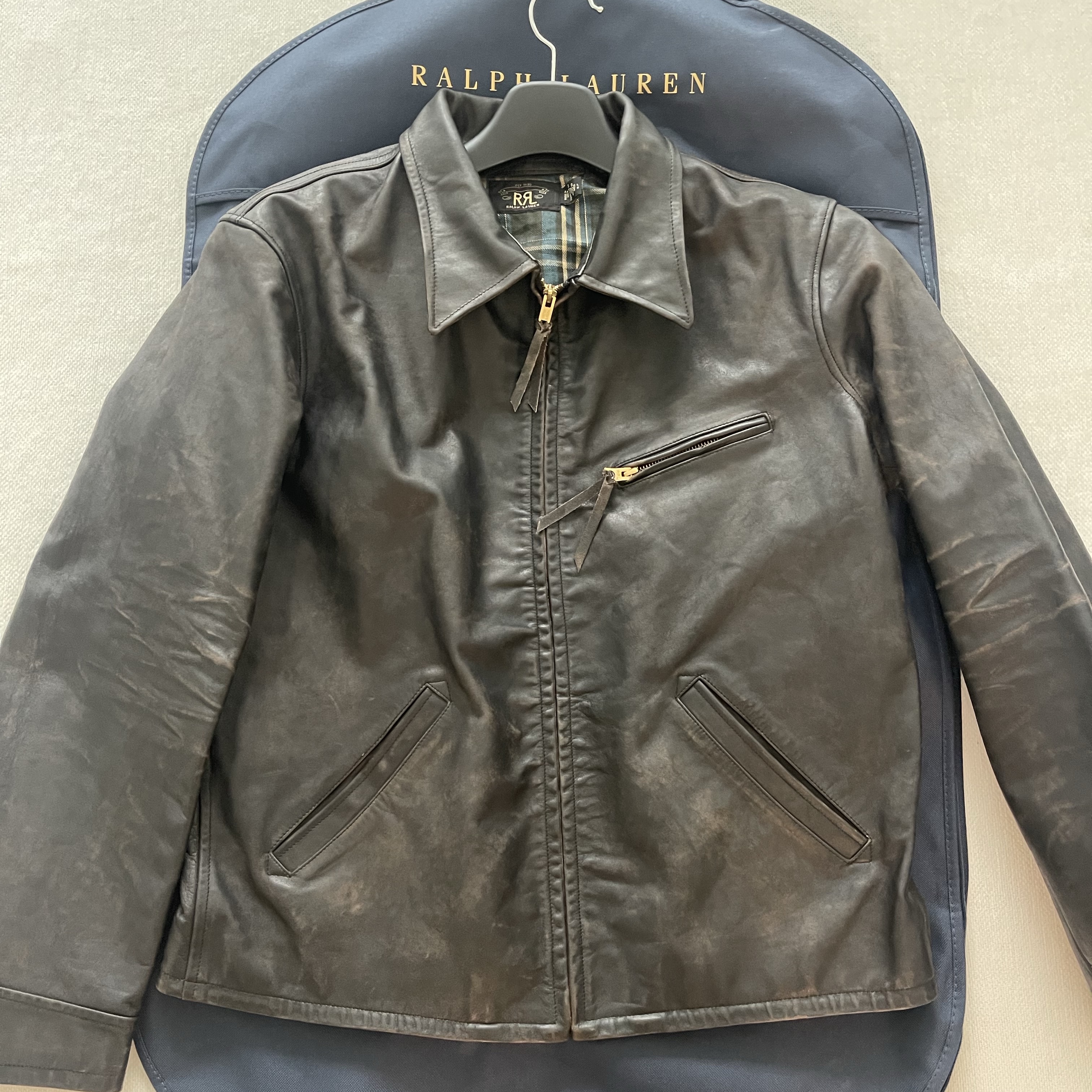 Double RL Leather Jacket Black Over Brown 착용 스타일 - 2