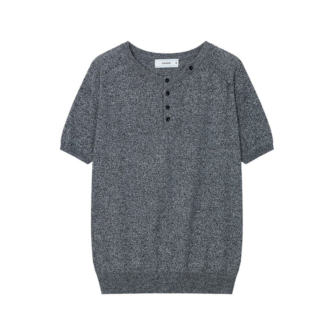 웨이비니스 새들 라인 헨리넥 하프 니트 멜란지 블랙(Waviness Saddle Line Henley-neck Half Knit Melange Black)