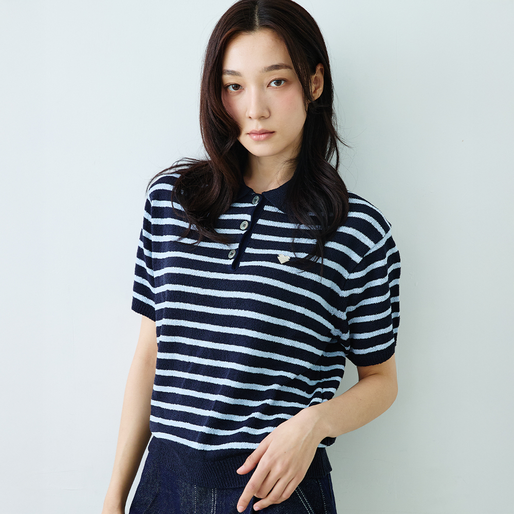 니티드 여성 부클 스트라이프 카라 니트 네이비(Knitted W Boucle Stripe Collar Knit Navy) - 3