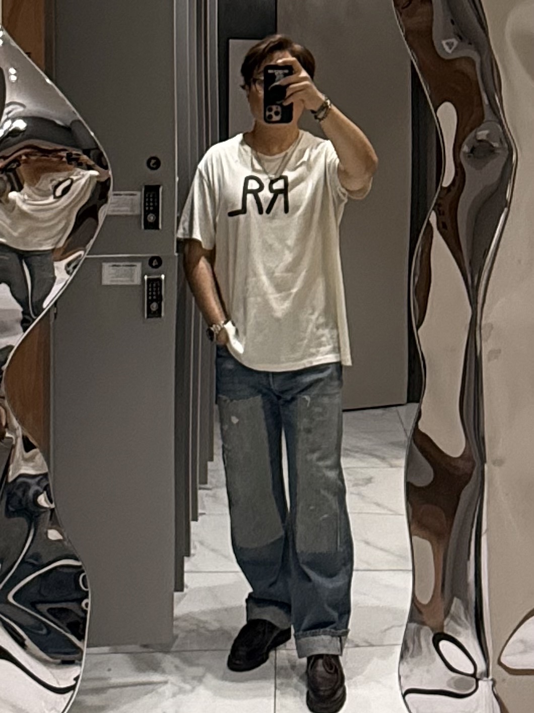 Double RL Logo Jersey T-Shirt Paper White 착용 스타일