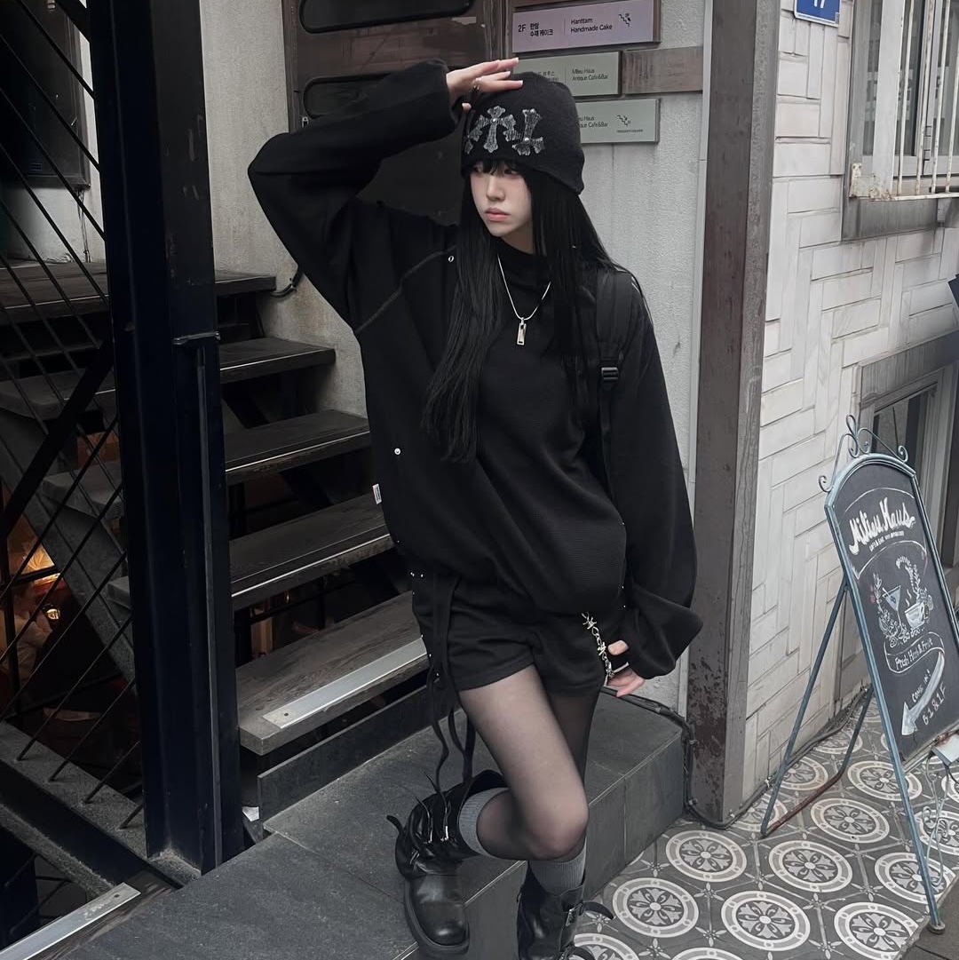 SPORT CHAMBER SC Waffle Ear-Open Hood T-shirt BLACK 착용 스타일 - 5