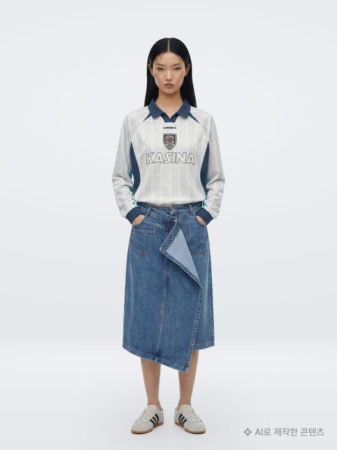 Umbro x Kasina 1997 Football Jersey Ivory, GOEN.J Asymmetric Draped Down Washed Midi Denim Skirt Blue 착용 스타일 - 2