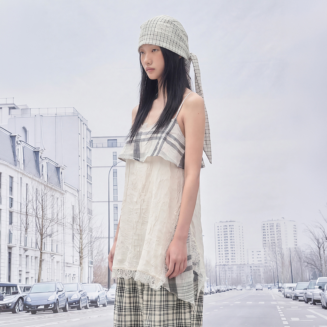 솜속 로지 링클 콘트라스트 슬립 드레스 크림(SOMSOC Rosy Wrinkle Contrast Slip Dress Cream) - 2