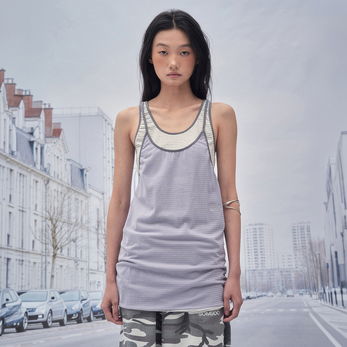 솜속 이브 스트라이프 레이어드 롱 슬리브 모브(SOMSOC Eve Stripe Layered Long Sleeveless Mauve) - 2