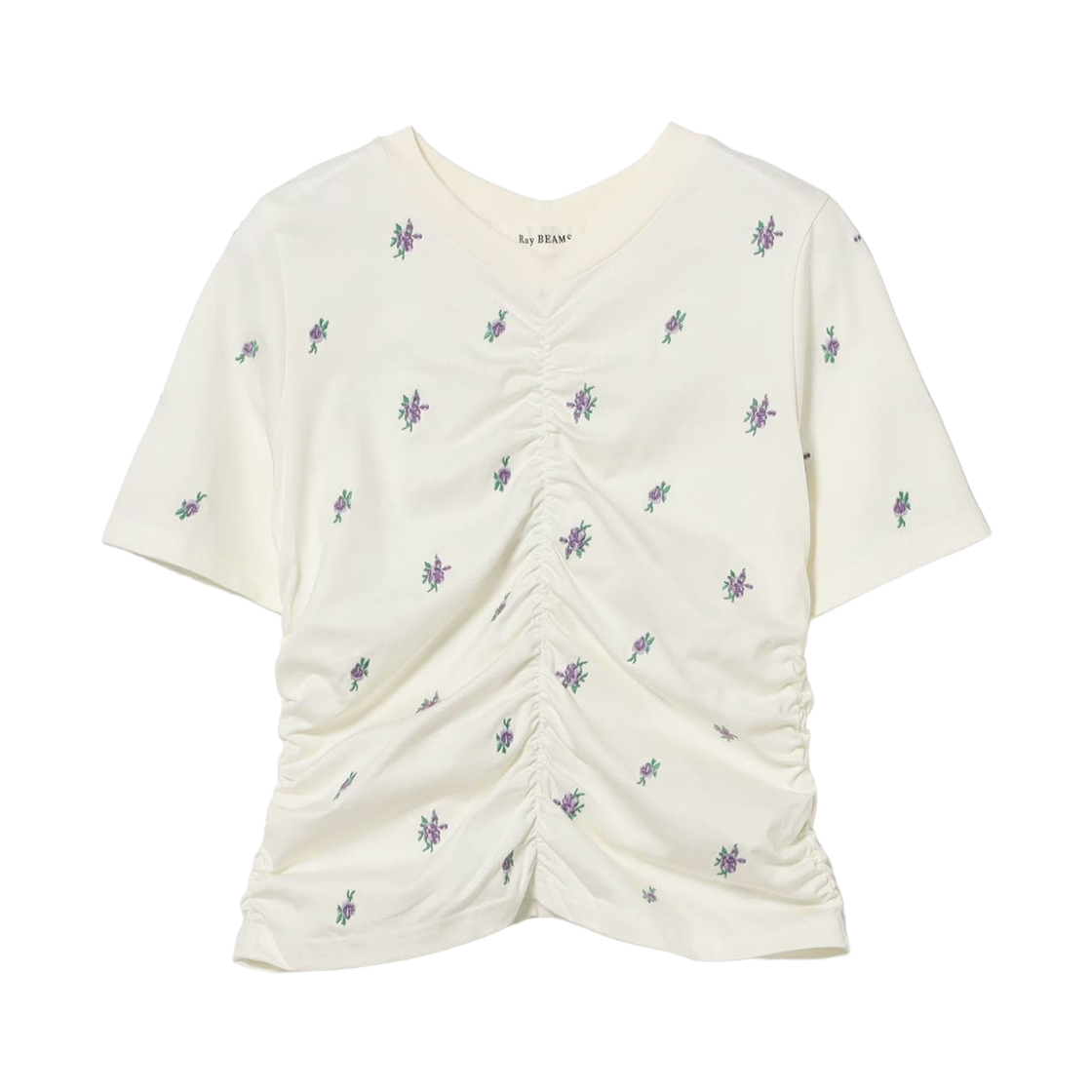 61-04-1550-286 (W) Ray Beams Flower Embroidered Shirred T-Shirt Ivory