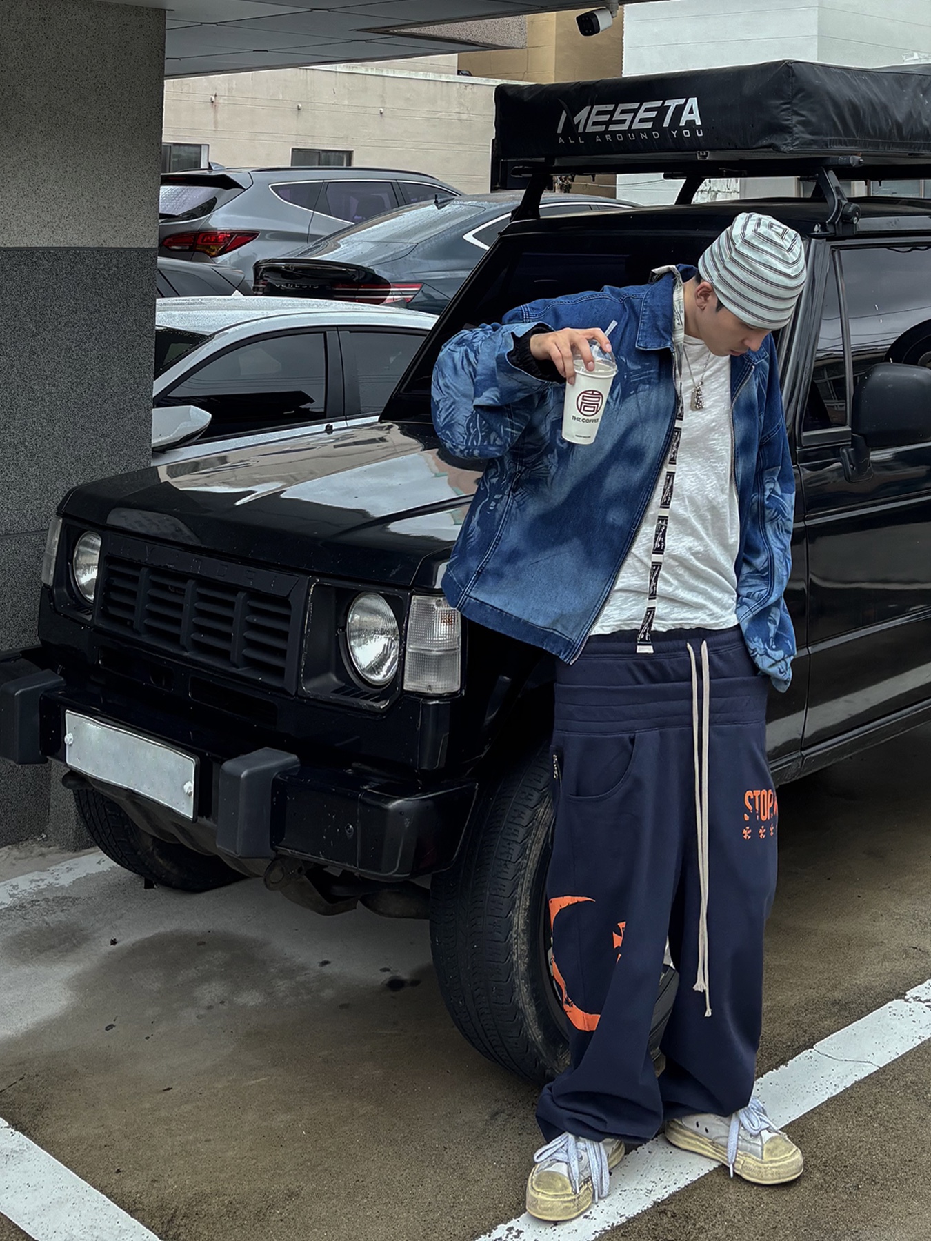 Wapworks Layered Waist System Sweatpants Navy, Not New Nn Label Stripe Beanie Navy 착용 스타일 - 3