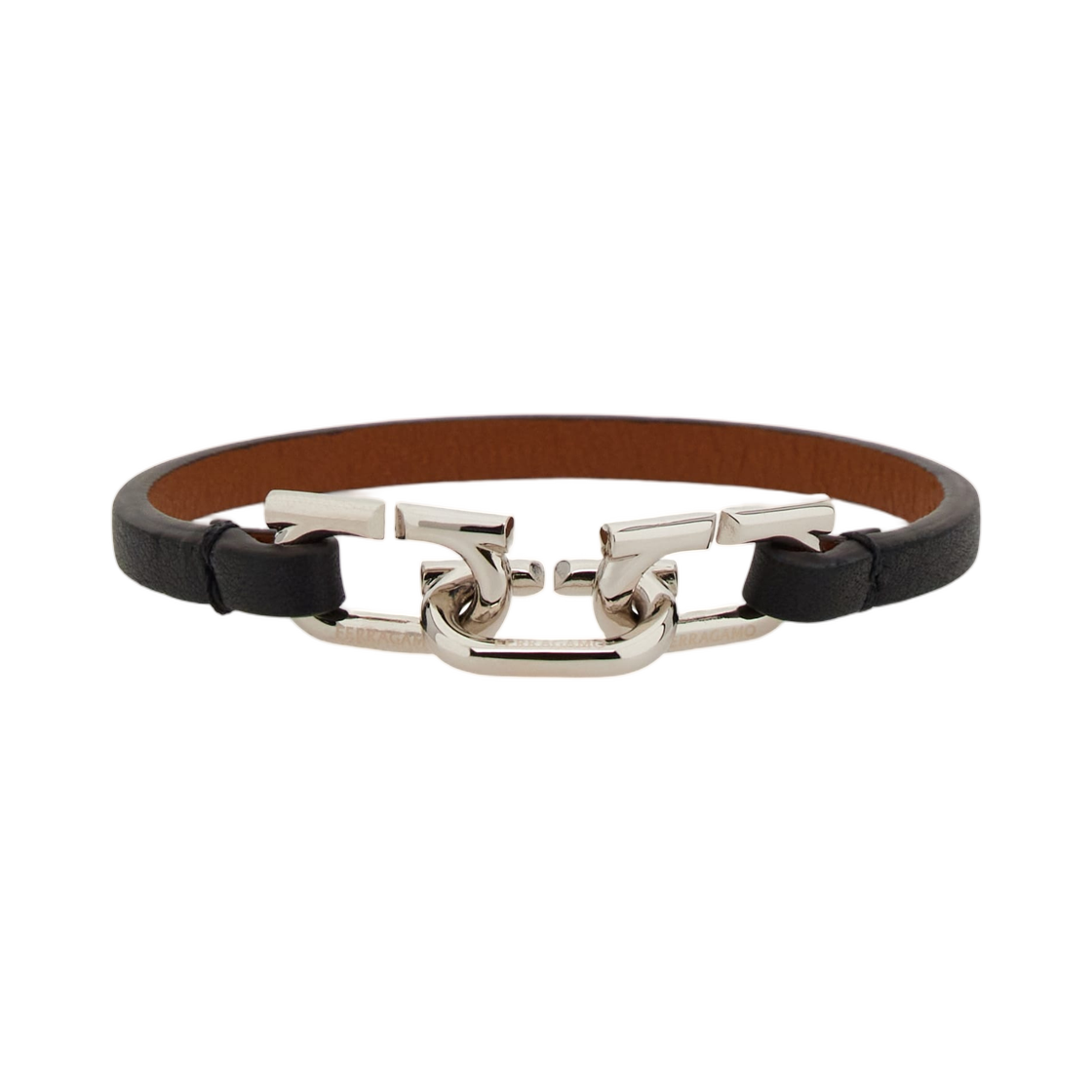 770407-791081 Ferragamo Bicolor Gancini Bracelet Silver Black Leather