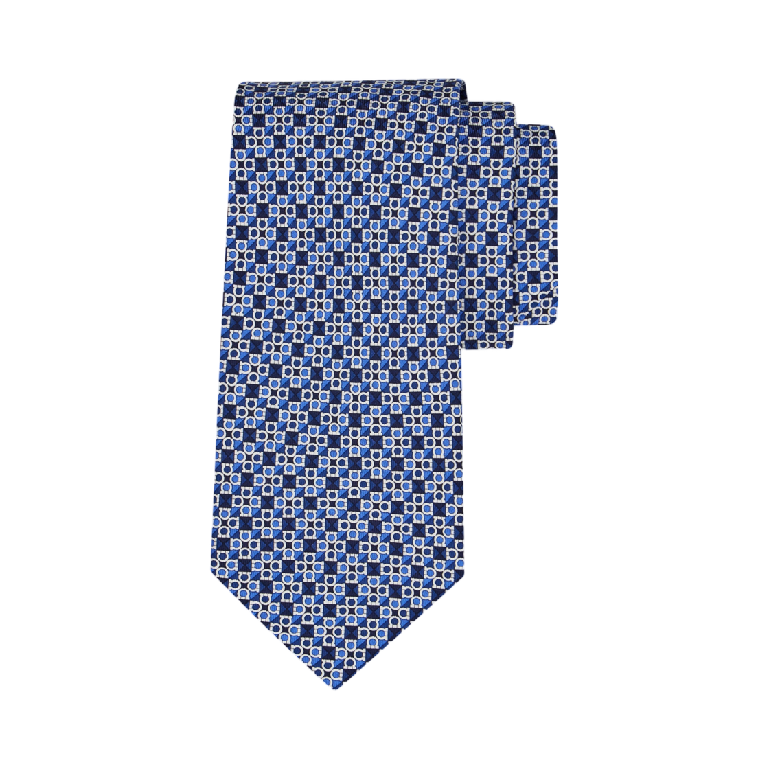 351316-788946 Ferragamo Gancini Square Print Silk Tie Navy Blue Light Blue