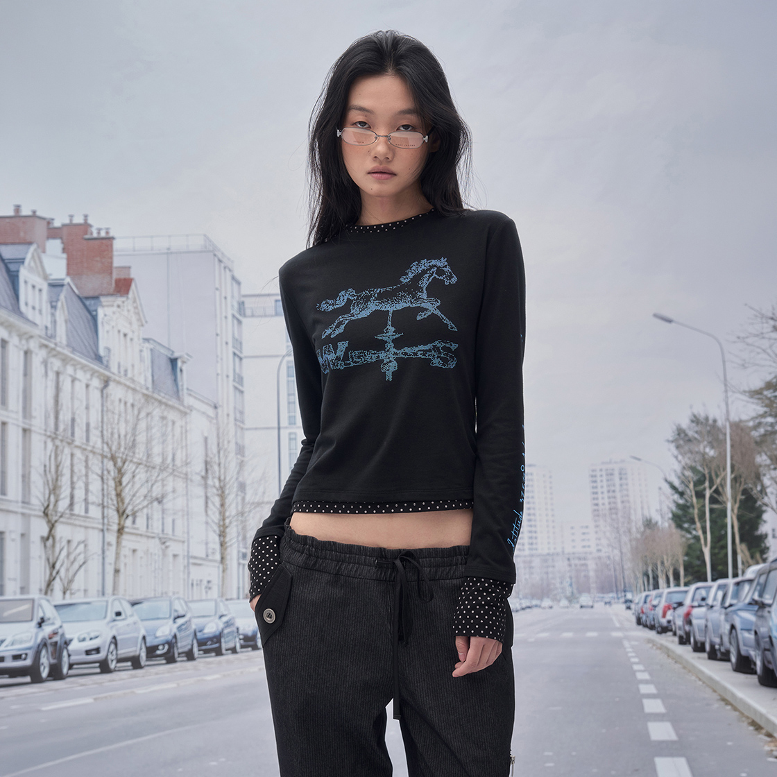 솜속 홀스 베인 레이어드 롱 슬리브 블랙(SOMSOC Horse Vane Layered Long Sleeve Black) - 2