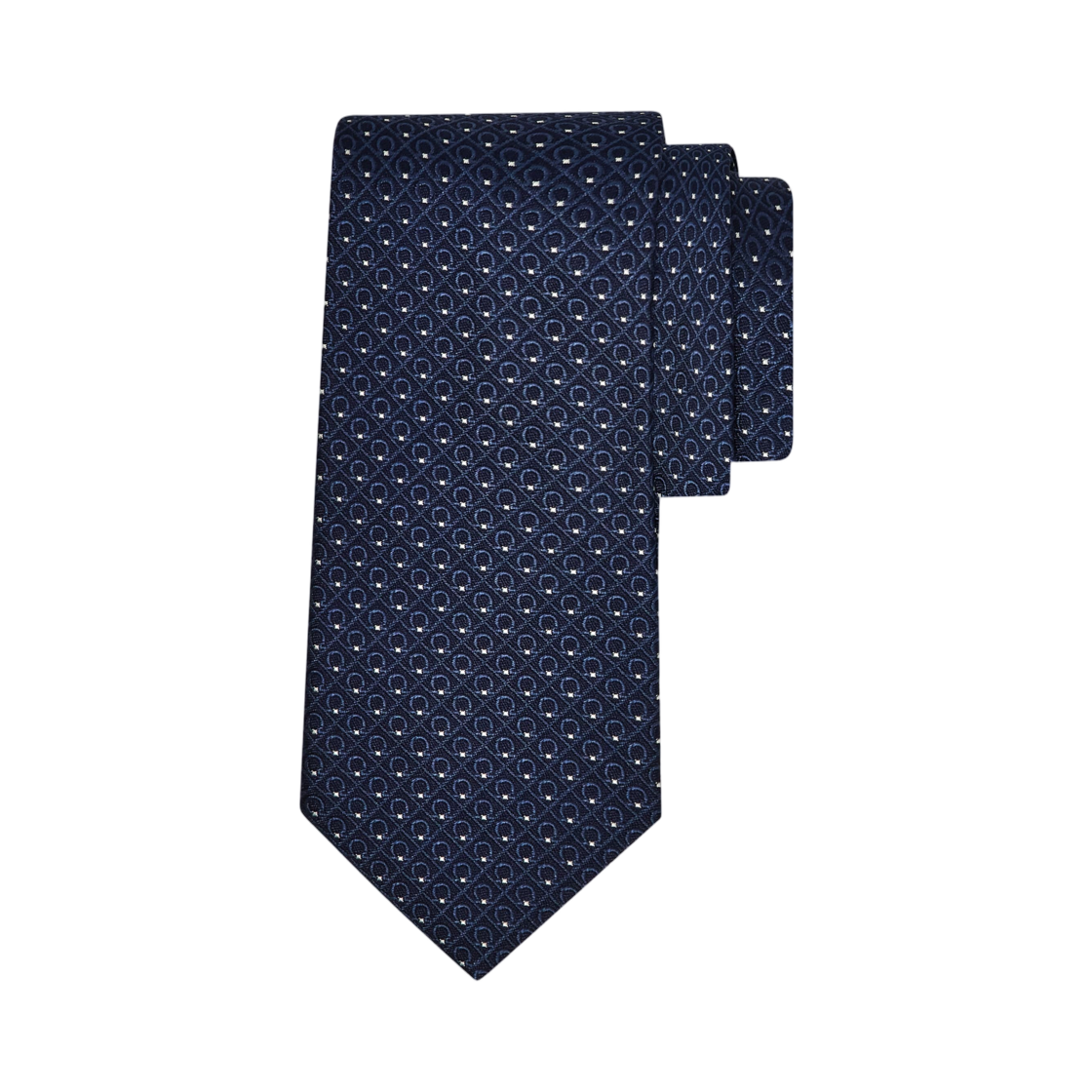 351355-789250 Ferragamo Gancini Jacquard Silk Tie Dark Navy Blue