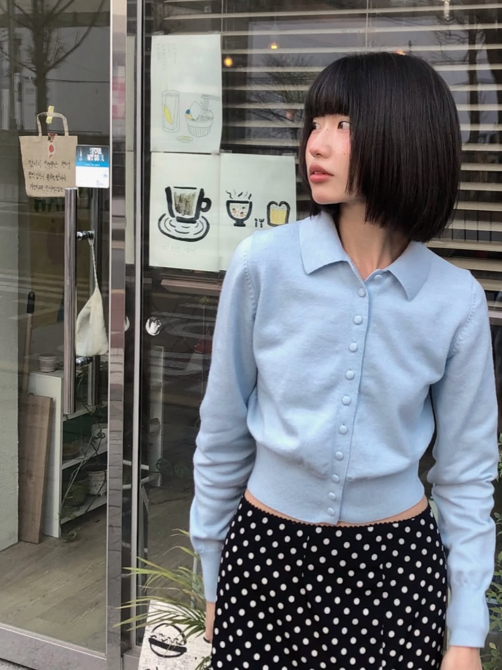 Rosefrantz Fabric Button Collar Cardigan [Sky Blue] 착용 스타일 - 6