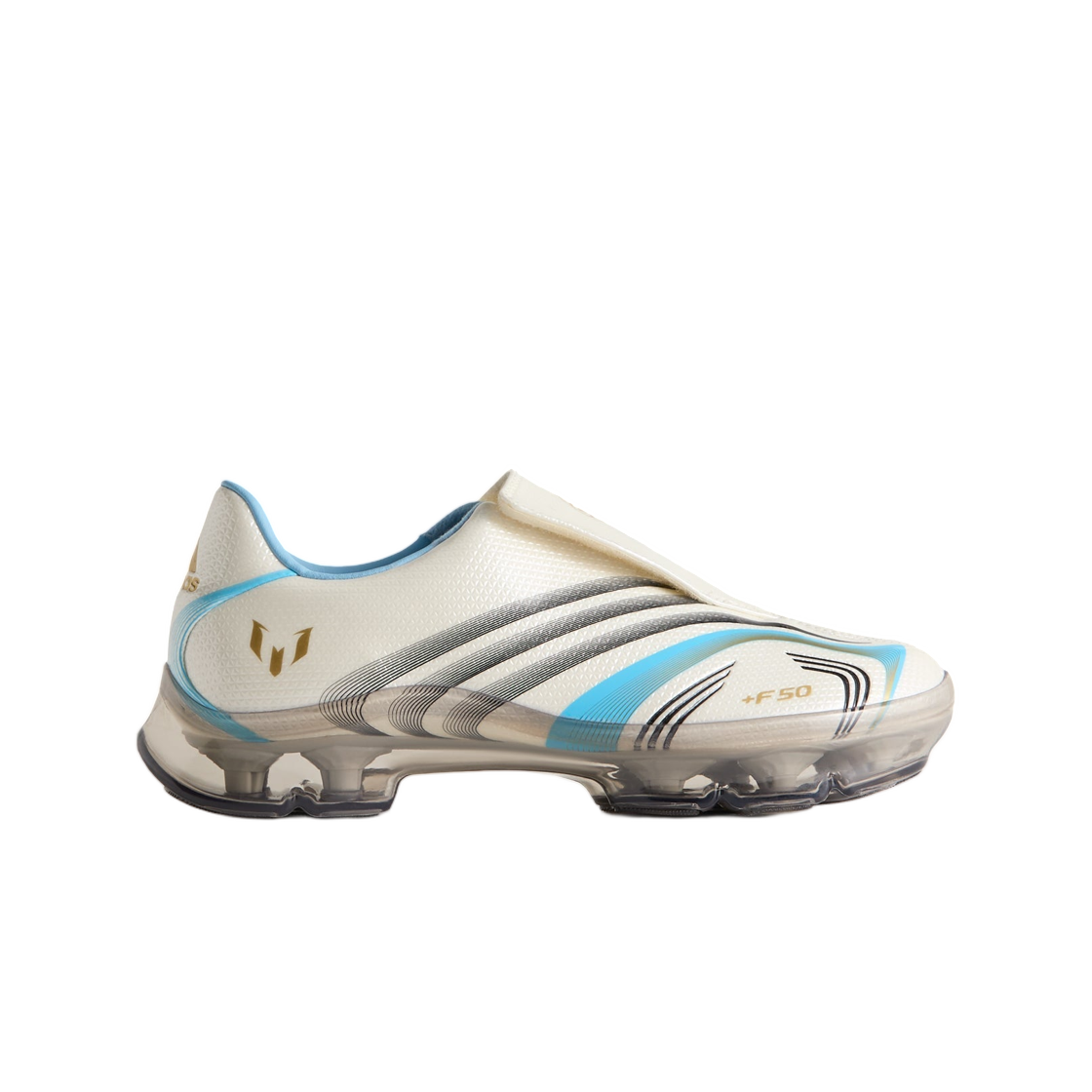 KJ8094 Adidas x Kith x Messi Football F50 Adiframe Off White Clear Blue Metallic Gold