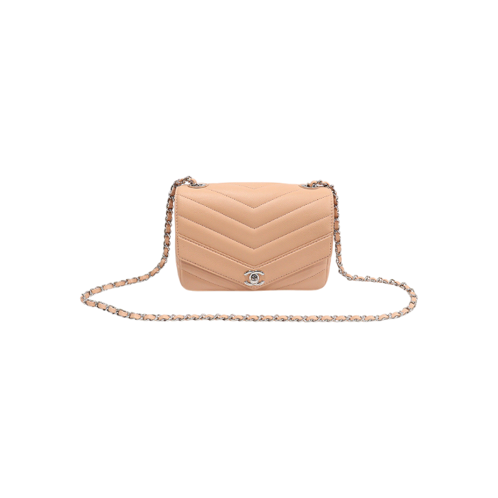 ITWRAJB8IT39 Chanel Beige Chevron Caviar Silver CC Medium Flap Shoulder Bag (24 Series)