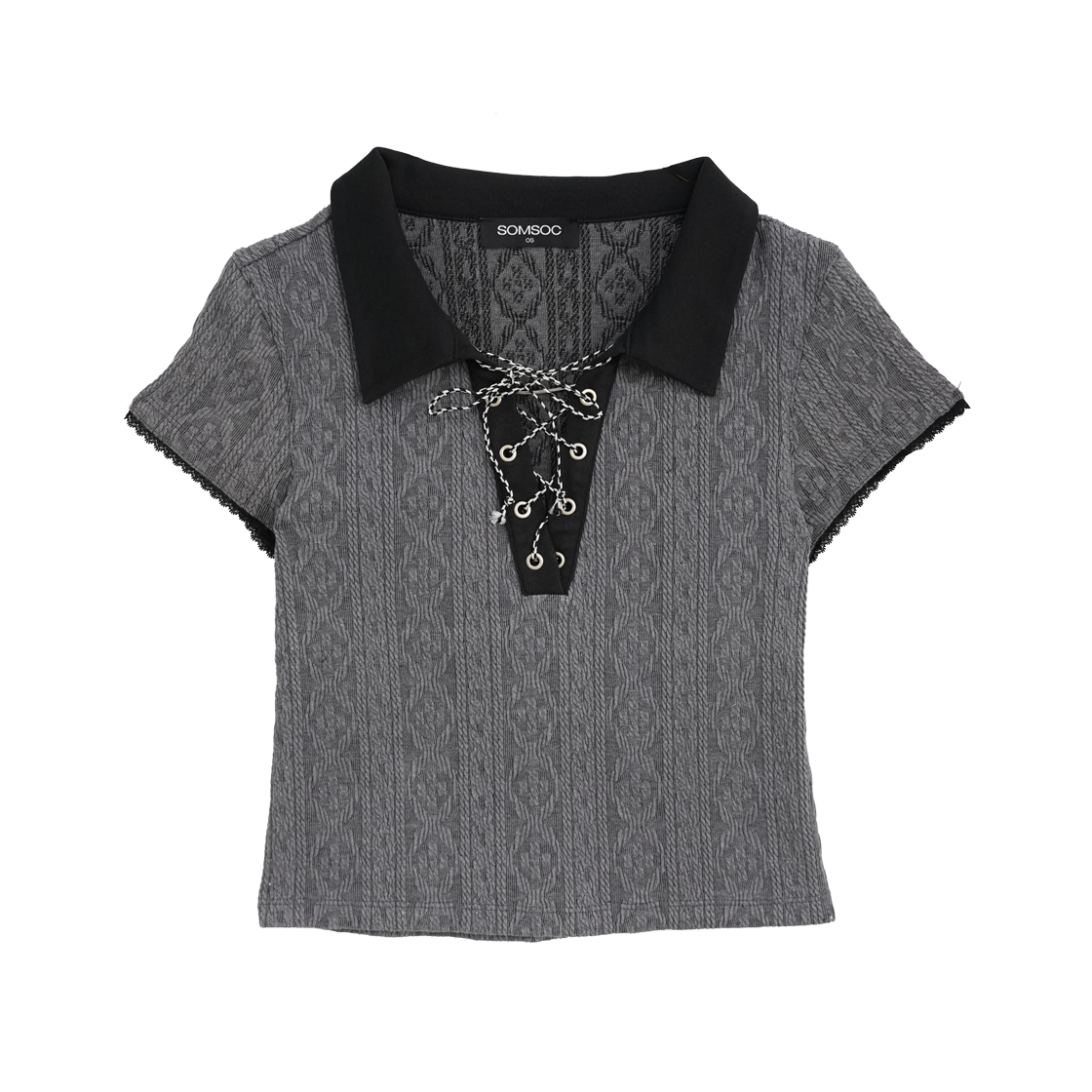 솜속 멜린 아일렛 자가드 니트 탑 챠콜(SOMSOC Melin Eyelet Jacquard Knit Top Charcoal)