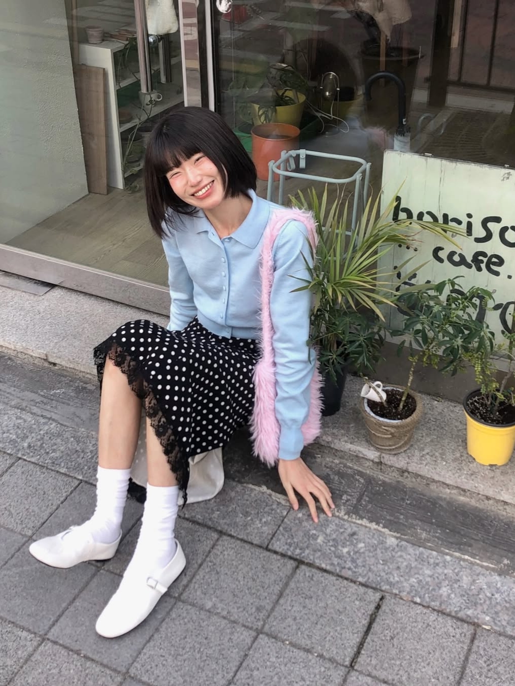 Rosefrantz Fabric Button Collar Cardigan [Sky Blue] 착용 스타일 - 5