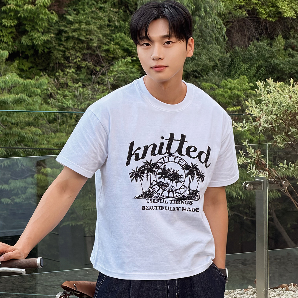 니티드 피그먼트 팜트리 그래픽 티셔츠 크롭 화이트(Knitted Pigment Palm Tree Graphic T-Shirt White) - 2