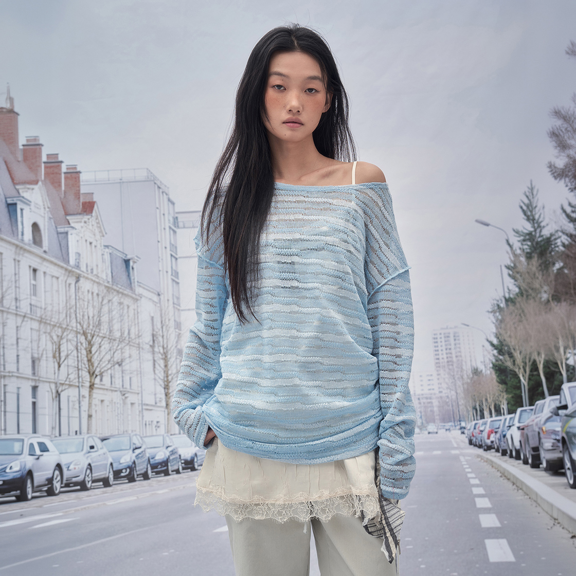 솜속 엘리 레이스 니티드 탑 스카이 블루(SOMSOC Allie Lace Knitted Top Sky Blue) - 2