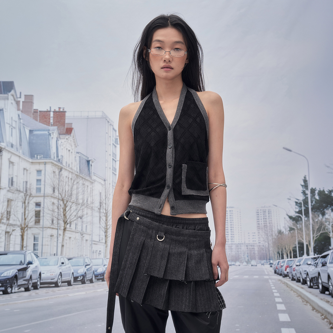 솜속 아가일 자가드 홀터넥 베스트 블랙(SOMSOC Argyle Jacquard Halterneck Vest Black) - 2