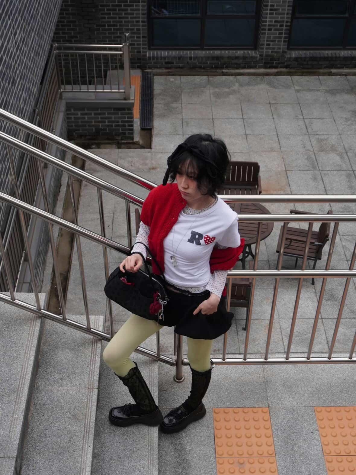 Rosefrantz Pocket short sleeve knit cardigan [Red], Rosefrantz Dot Heart Cotton T-Shirt [Ivory] 착용 스타일 - 5