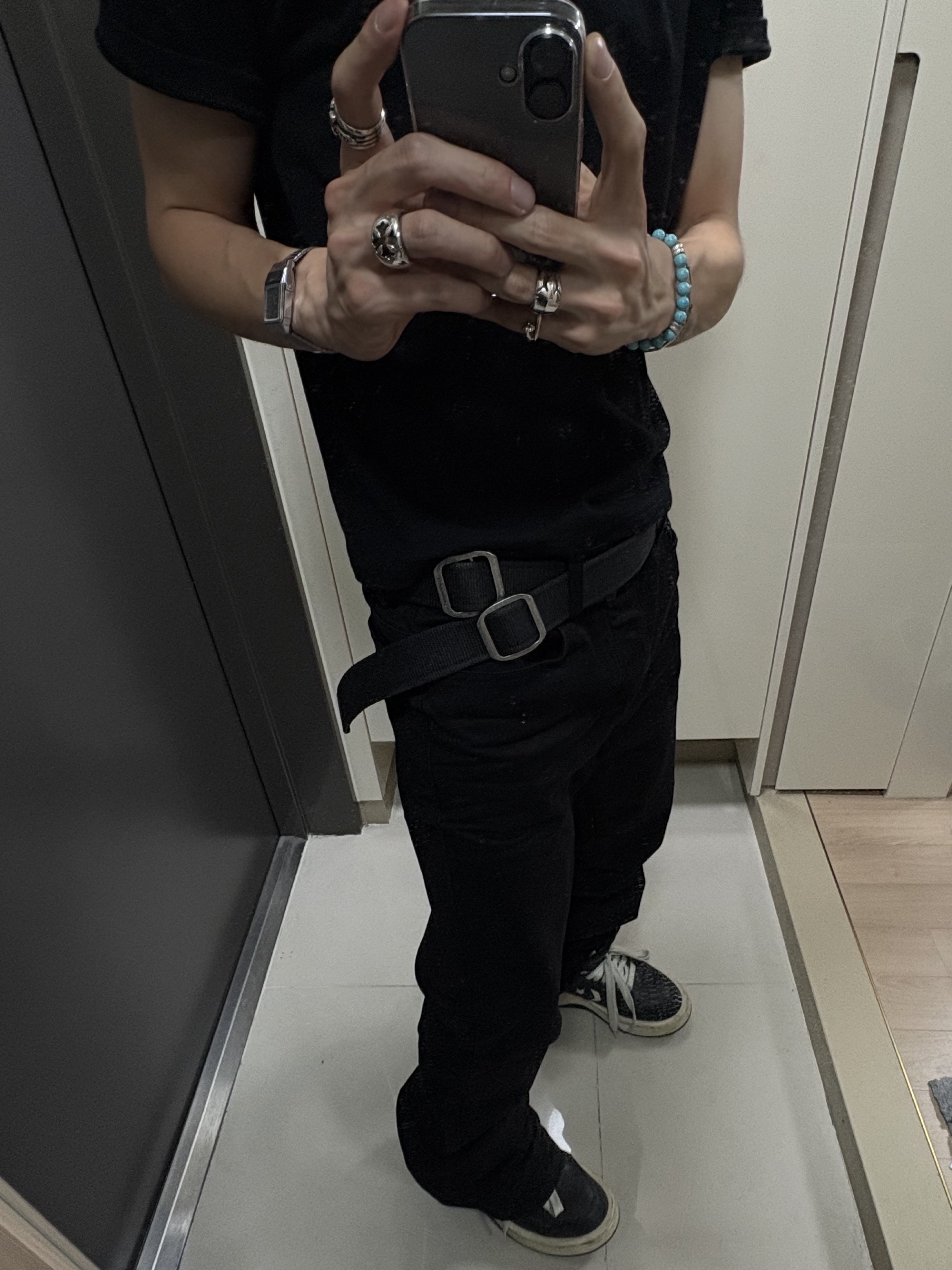 Undermycar Mu.30 Anti Fxxking Logo Play Stretch Flare Black Jeans, Converse x Drkshdw Turbowpn Black Cream 착용 스타일