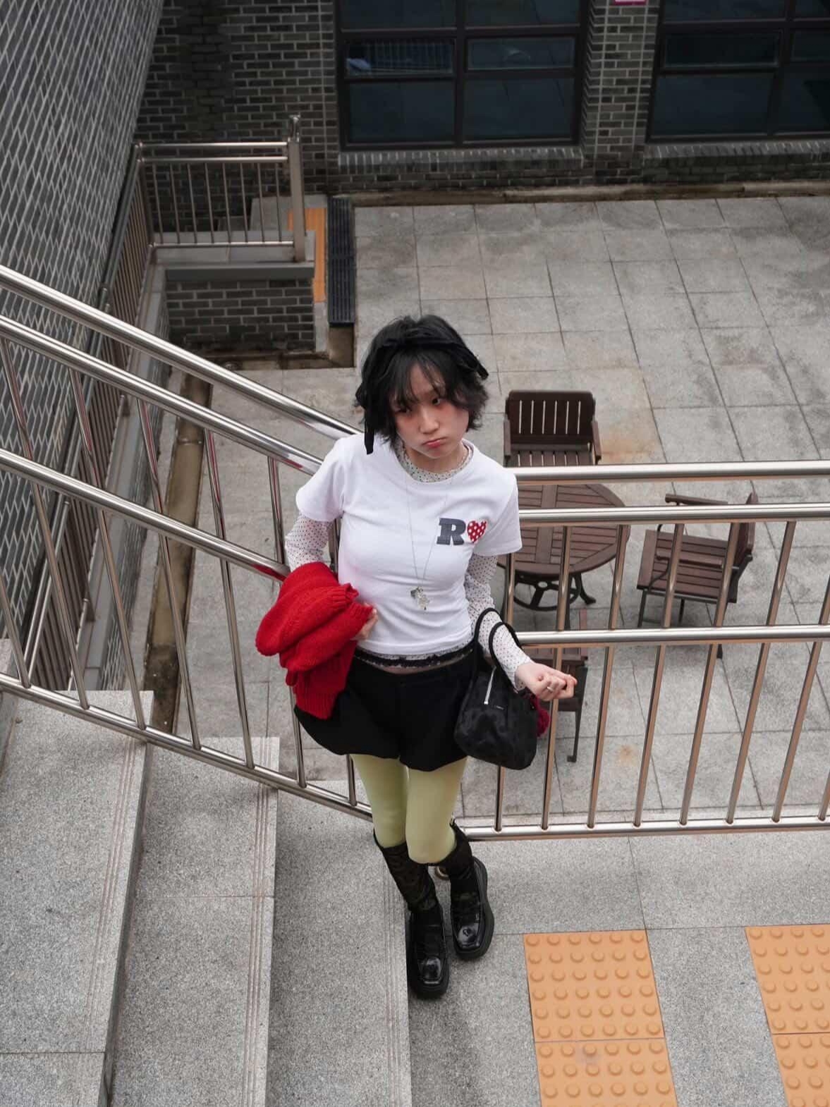 Rosefrantz Pocket short sleeve knit cardigan [Red], Rosefrantz Dot Heart Cotton T-Shirt [Ivory] 착용 스타일 - 3