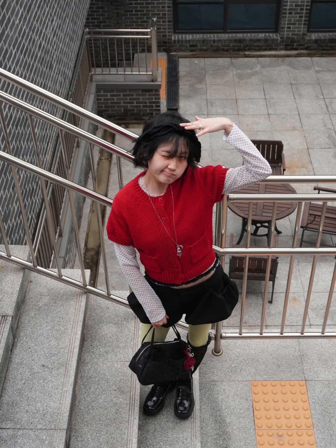 Rosefrantz Pocket short sleeve knit cardigan [Red], Rosefrantz Dot Heart Cotton T-Shirt [Ivory] 착용 스타일 - 2