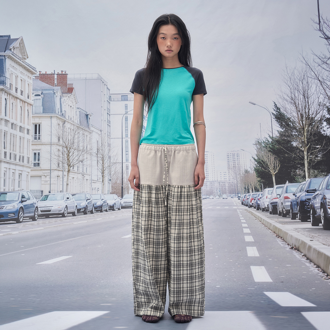 솜속 베이 데님 체크 라운지 팬츠 베이지(SOMSOC Bay Denim Check Lounge Pants Beige) - 2