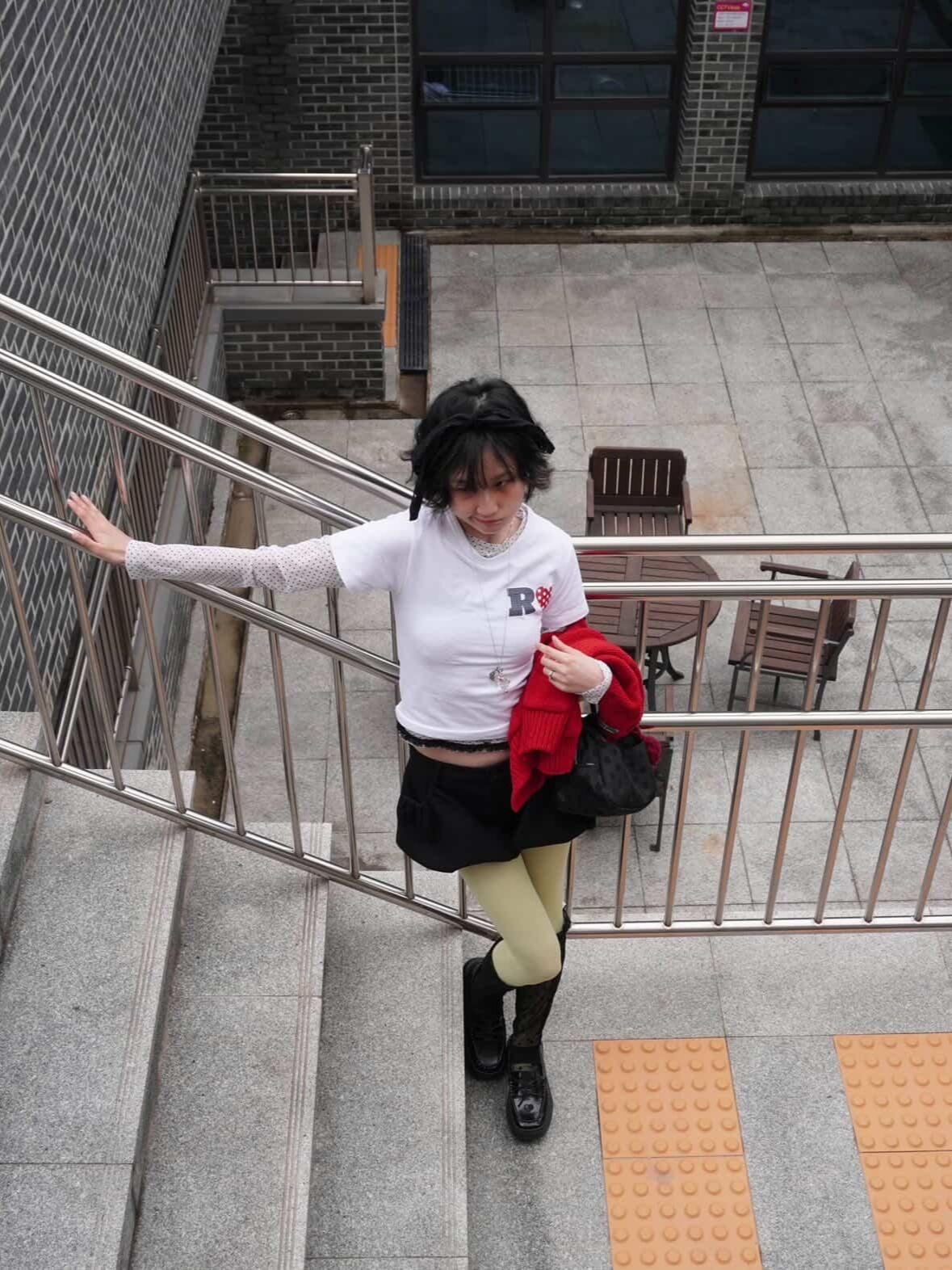 Rosefrantz Pocket short sleeve knit cardigan [Red], Rosefrantz Dot Heart Cotton T-Shirt [Ivory] 착용 스타일 - 4