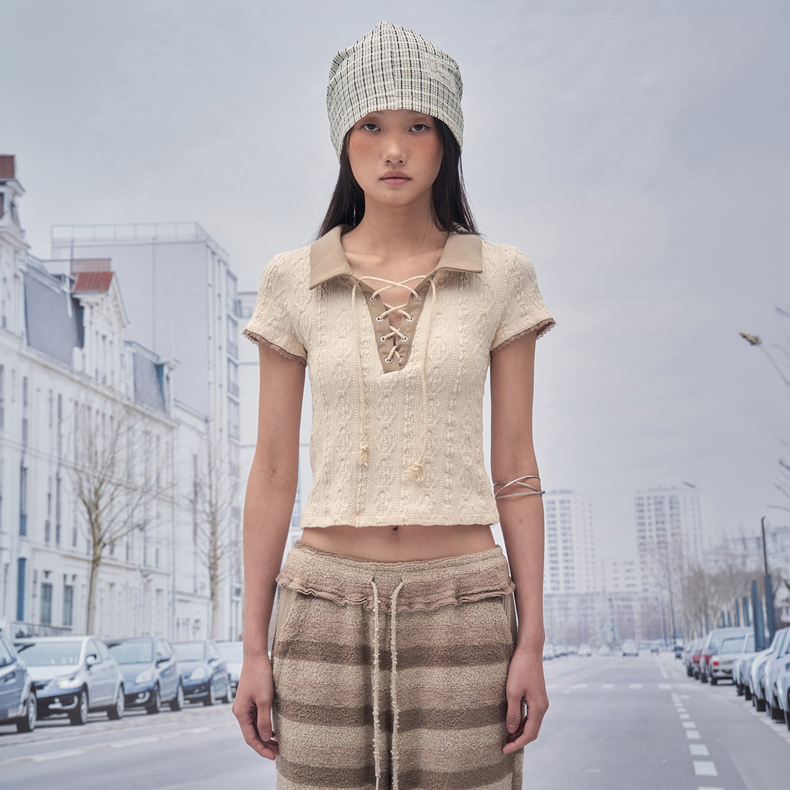 솜속 멜린 아일렛 자가드 니트 탑 아이보리(SOMSOC Melin Eyelet Jacquard Knit Top Ivory) - 2