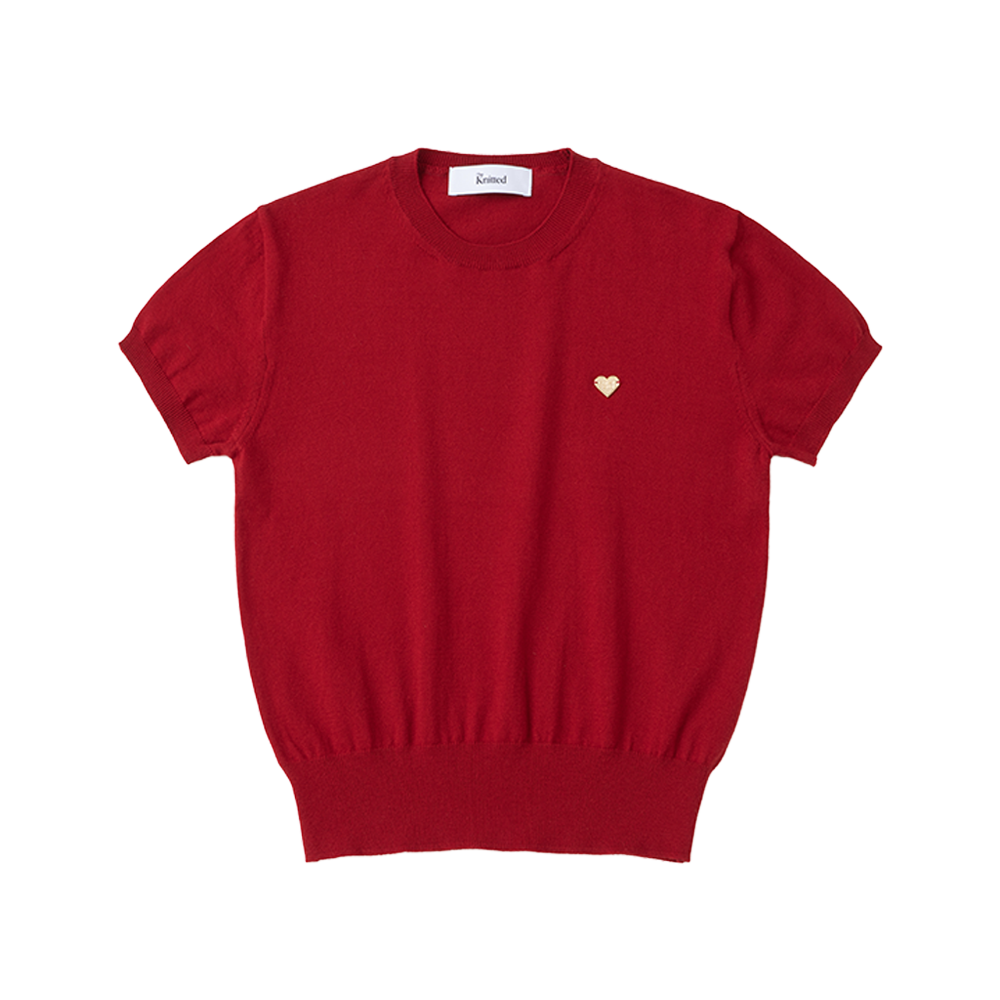 니티드 여성 베이직 에센셜 워셔블 라운드 반팔 니트 레드(Knitted W Basic Essential Washable Round Half Knit Red)