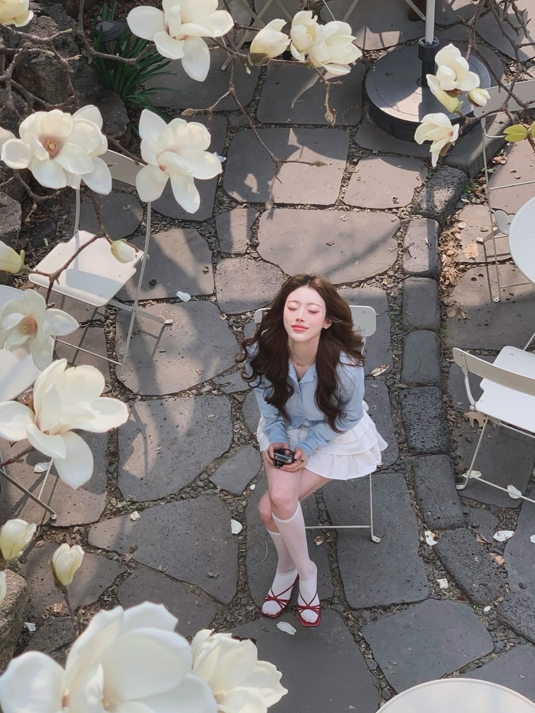 Rosefrantz Rose Cancan Mini Skirt [White], Rosefrantz Fabric Button Collar Cardigan [Sky Blue] 착용 스타일 - 7