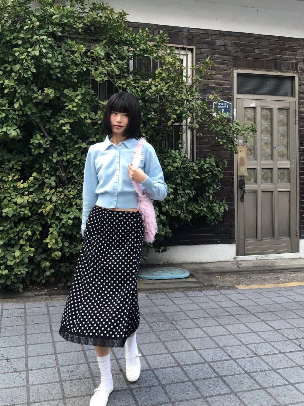 Rosefrantz Fabric Button Collar Cardigan [Sky Blue] 착용 스타일 - 4