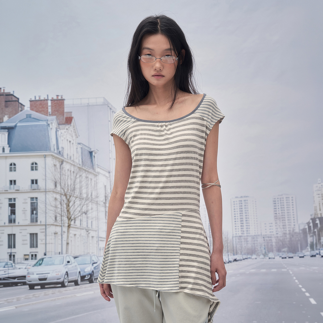 솜속 쿠키 콘트라스트 셔링 드레스 멜란지 그레이(SOMSOC Cookie Contrast Shirring Dress Melange Grey) - 2