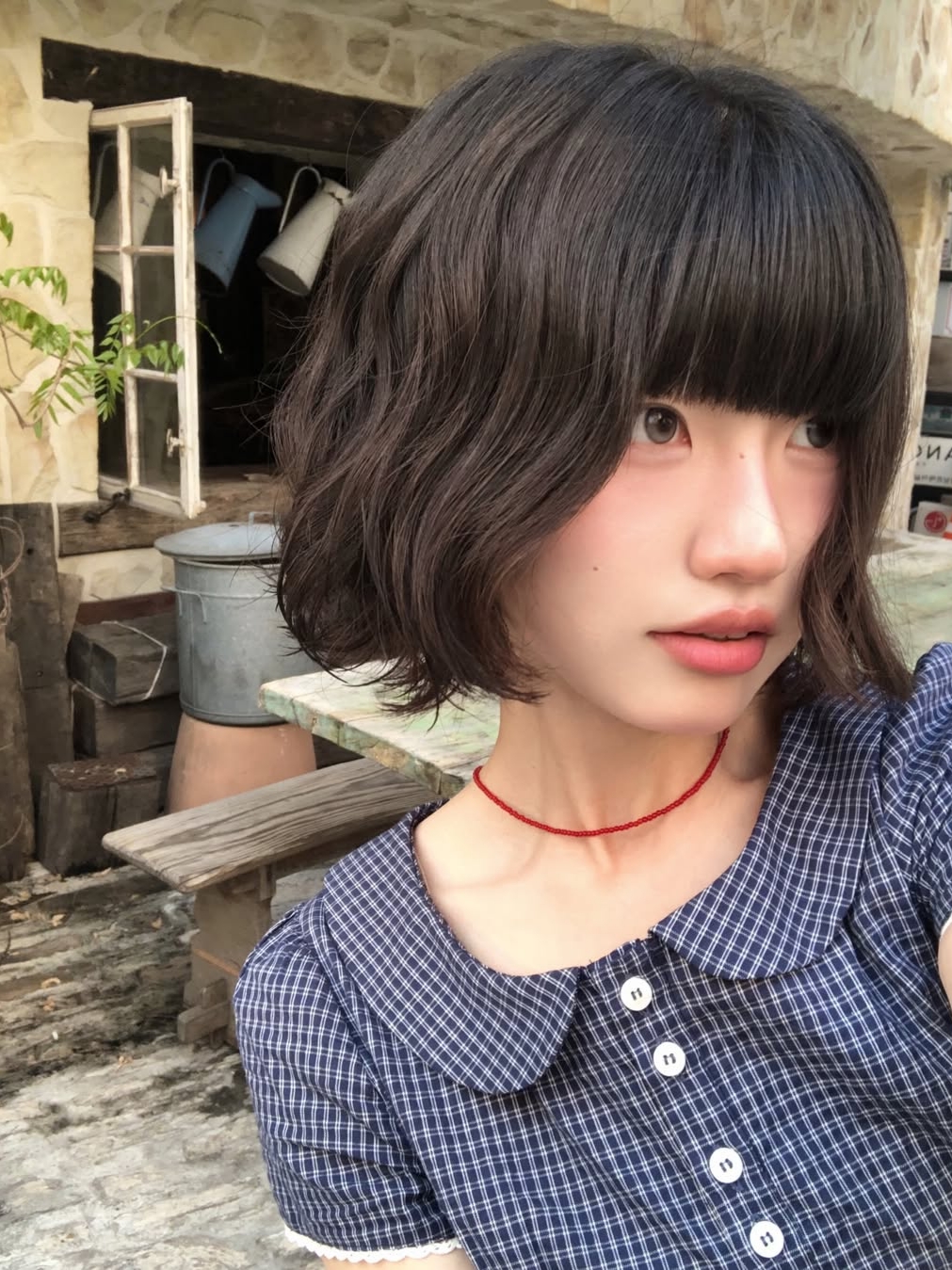 Rosefrantz Round Collar Short Sleeve Blouse [Navy] 착용 스타일 - 8