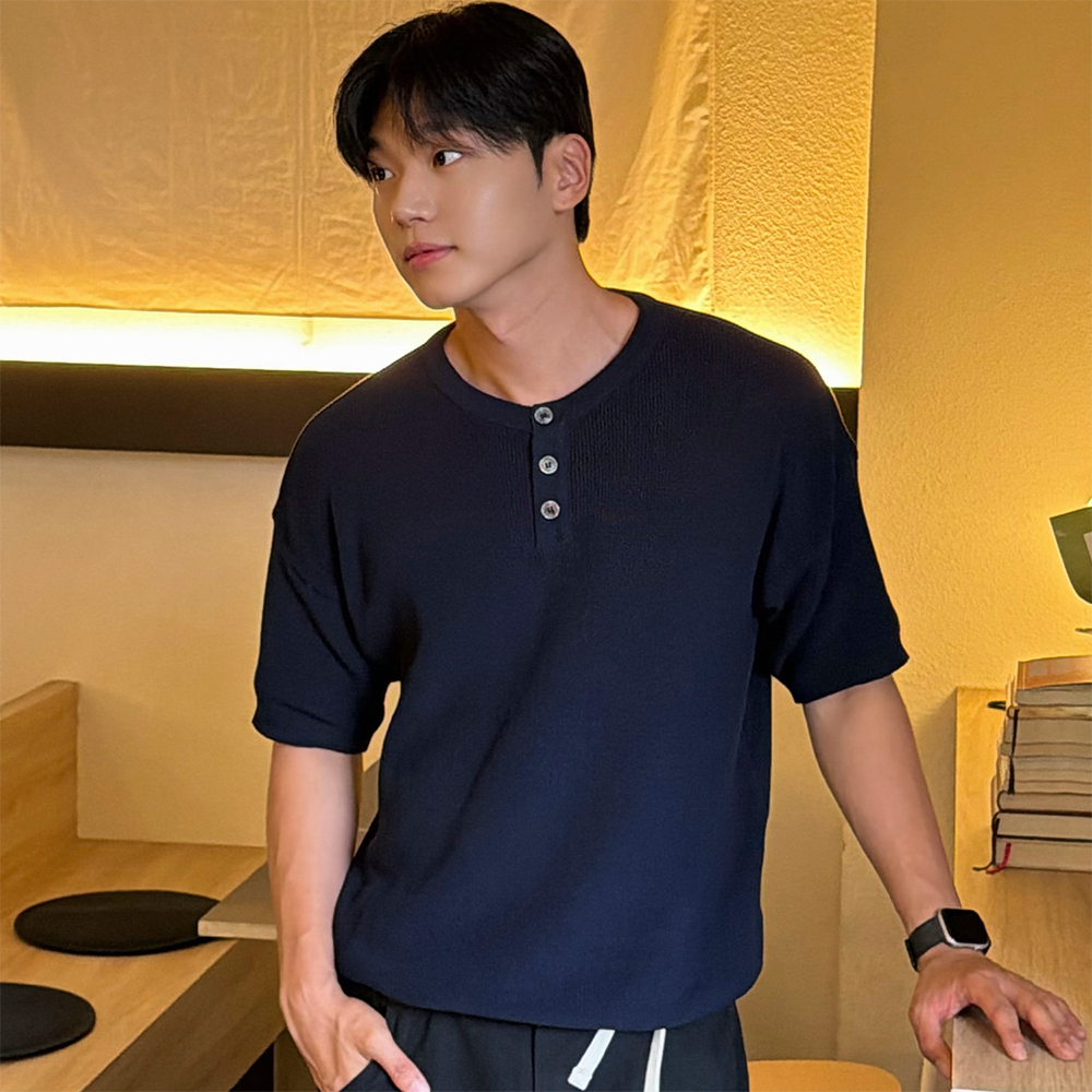니티드 쿨에버 헨리넥 반팔 니트 네이비(Knitted Coolever Henley Neck Half Sleeve Knit NVAY) - 2