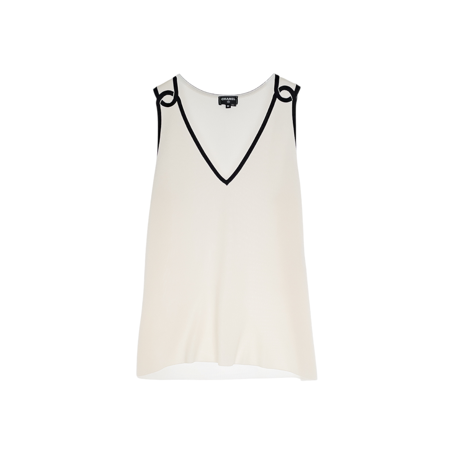 샤넬 26S 슬리브리스 실크 탑 36 아이보리 & 블랙 (6ET0912)(Chanel 26S Sleeveless Silk Top Ivory & Black 6ET0912)