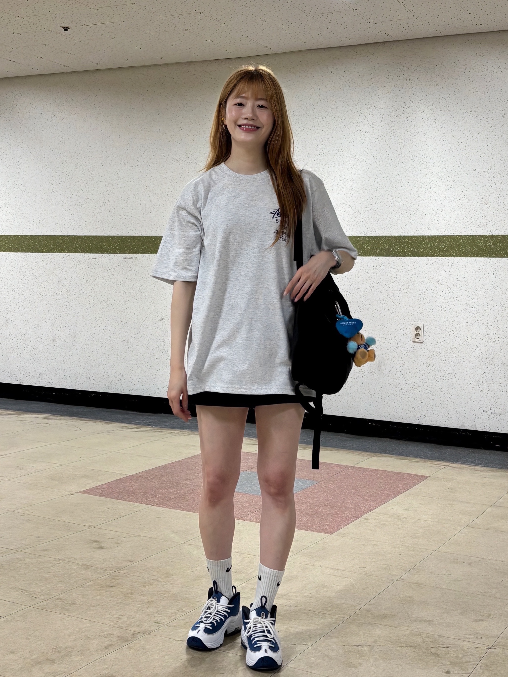 Stussy Big Love T-Shirt Ash Heather, Nike Air Penny II Atlantic Blue 착용 스타일 - 1