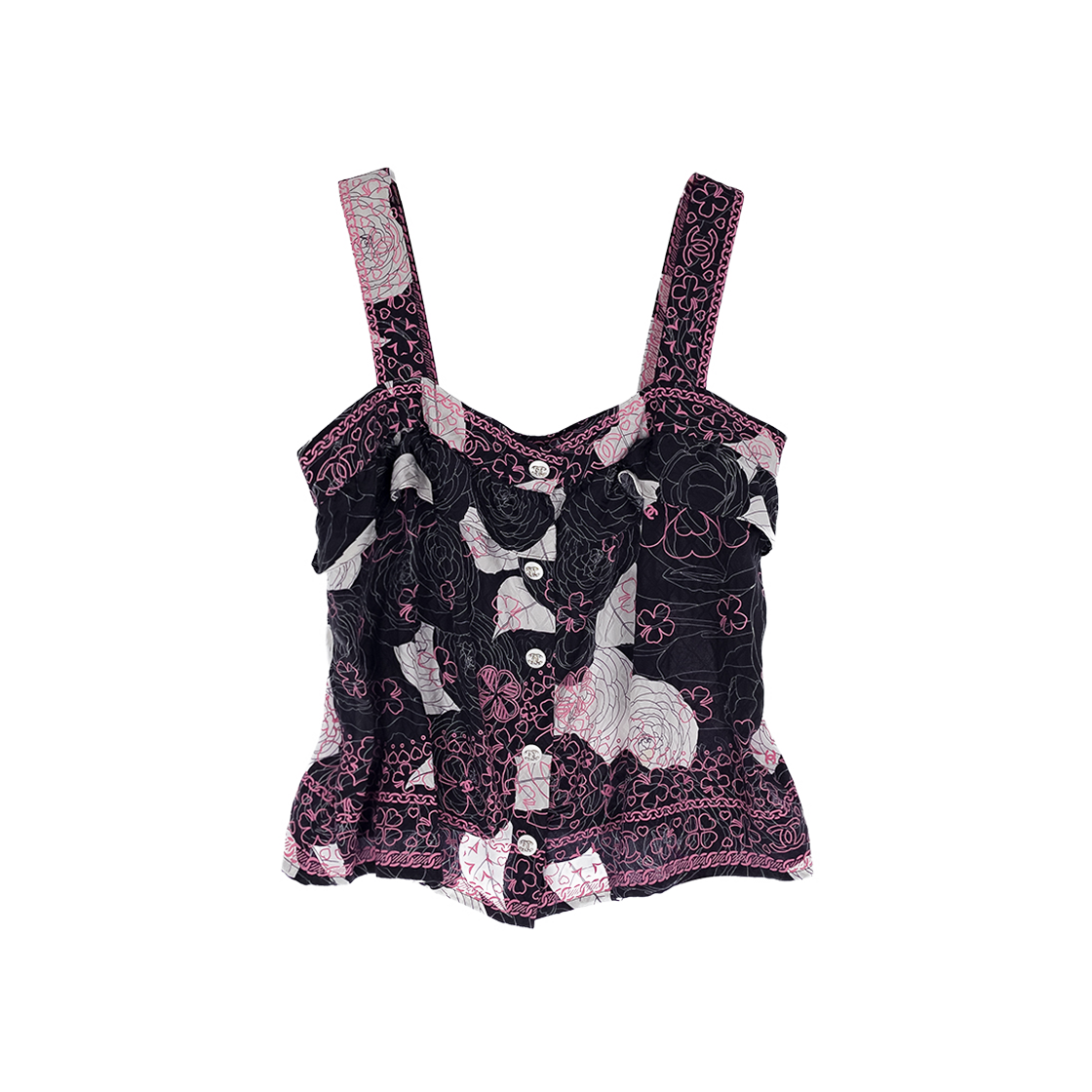 ITKDRPBI33NG Chanel 21C Floral Print Silk Sleeveless Top Black & Multi-Color