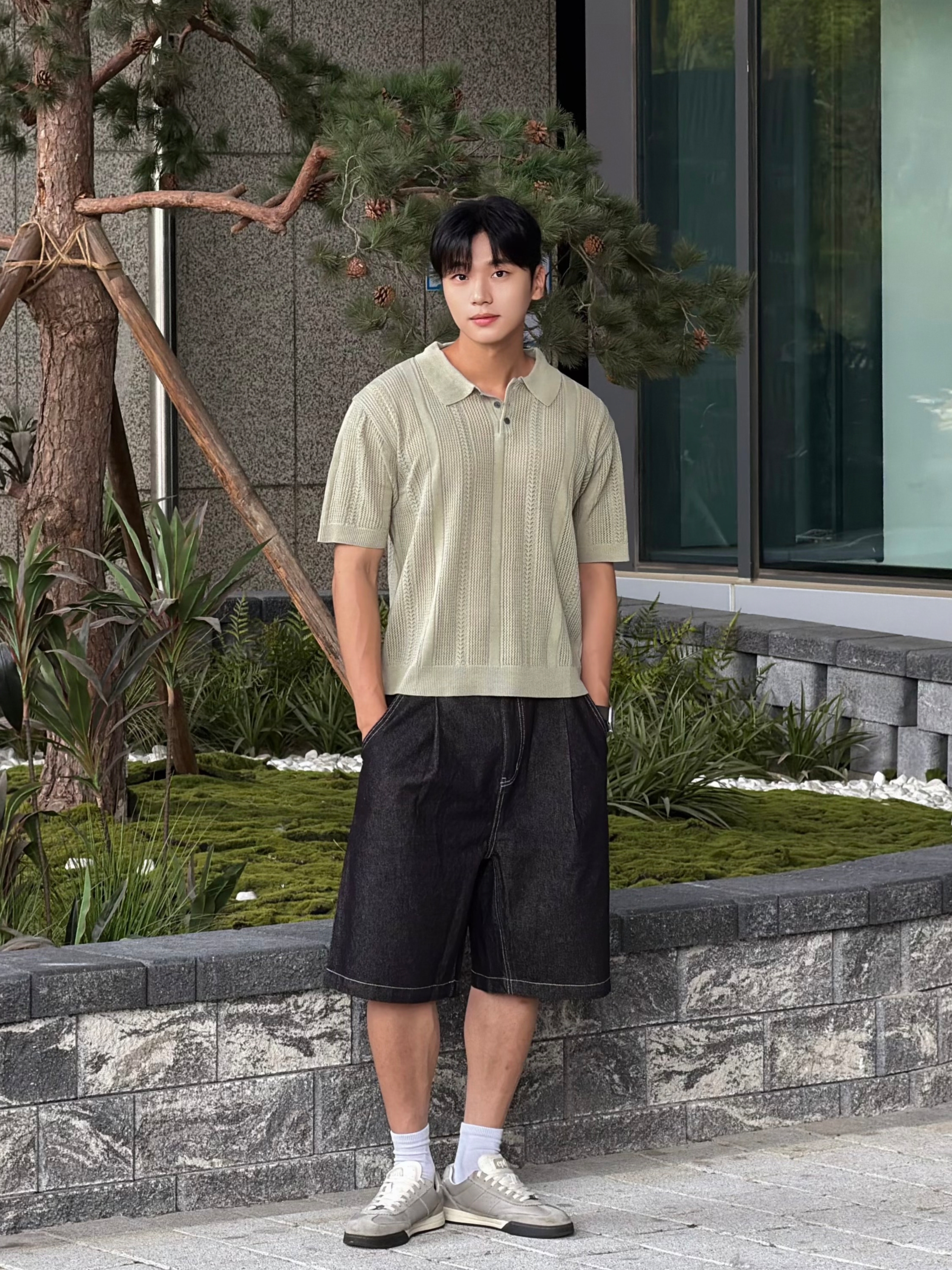 Knitted Linen Skashi Collar Half Knit OLIVE, Knitted Linen Skashi Collar Half Knit LINEN 착용 스타일 - 1